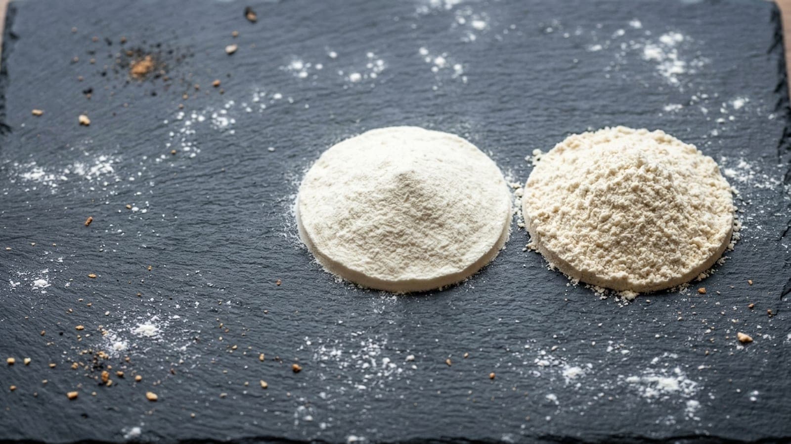 Two side-by-side mounds of flour, fine 00 and coarser bread flour, on a dark slate counter.