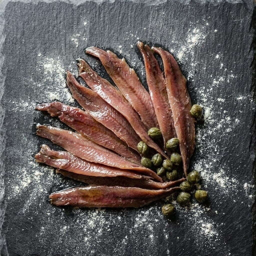 Glistening oil-packed anchovy fillets fanned out with a scatter of rinsed capers between them, on dark slate