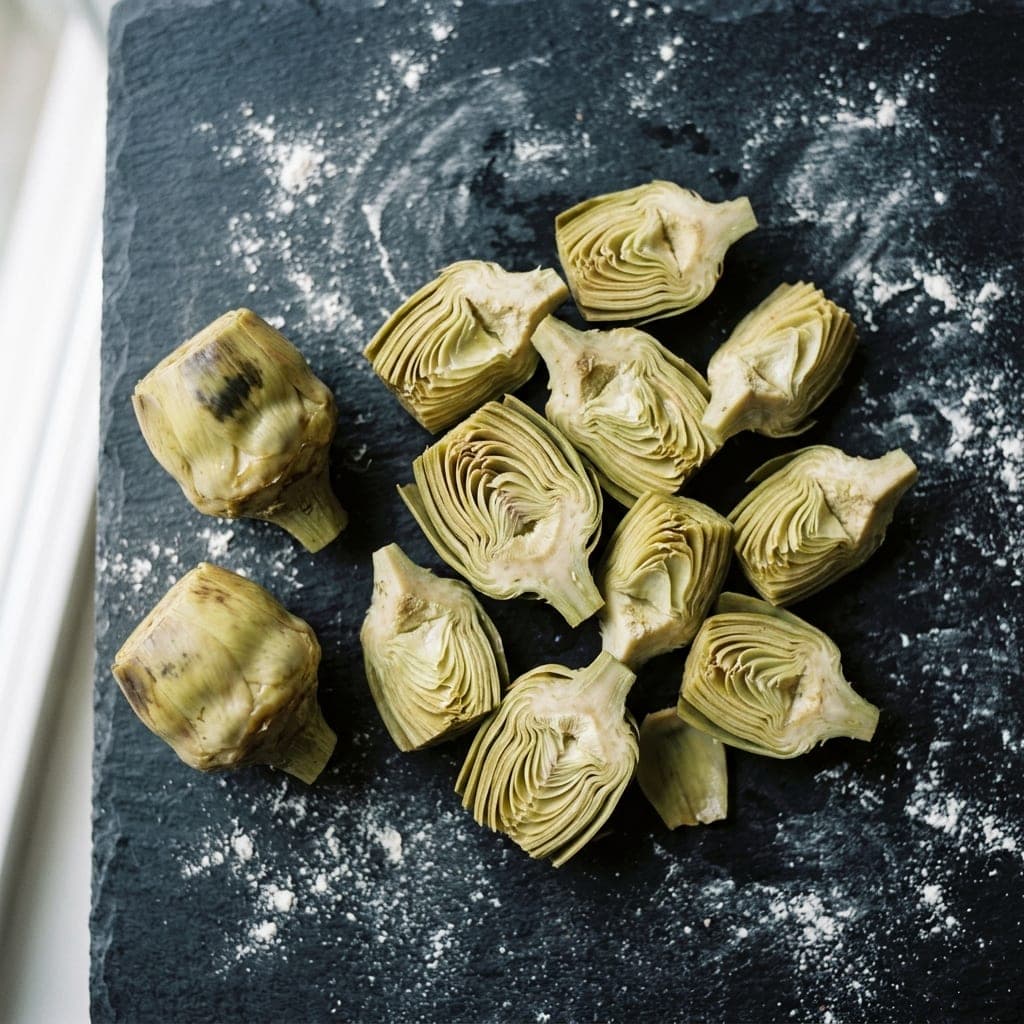 Oil-packed artichoke hearts, whole and quartered, on dark slate