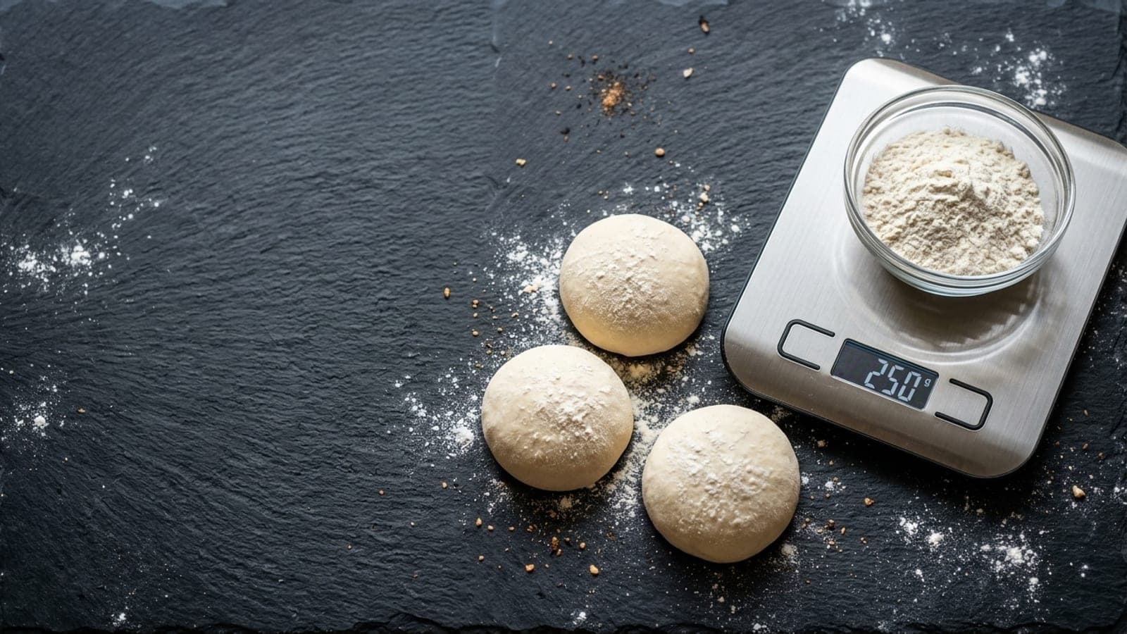 A kitchen scale with a bowl of flour on a floured dark slate counter.