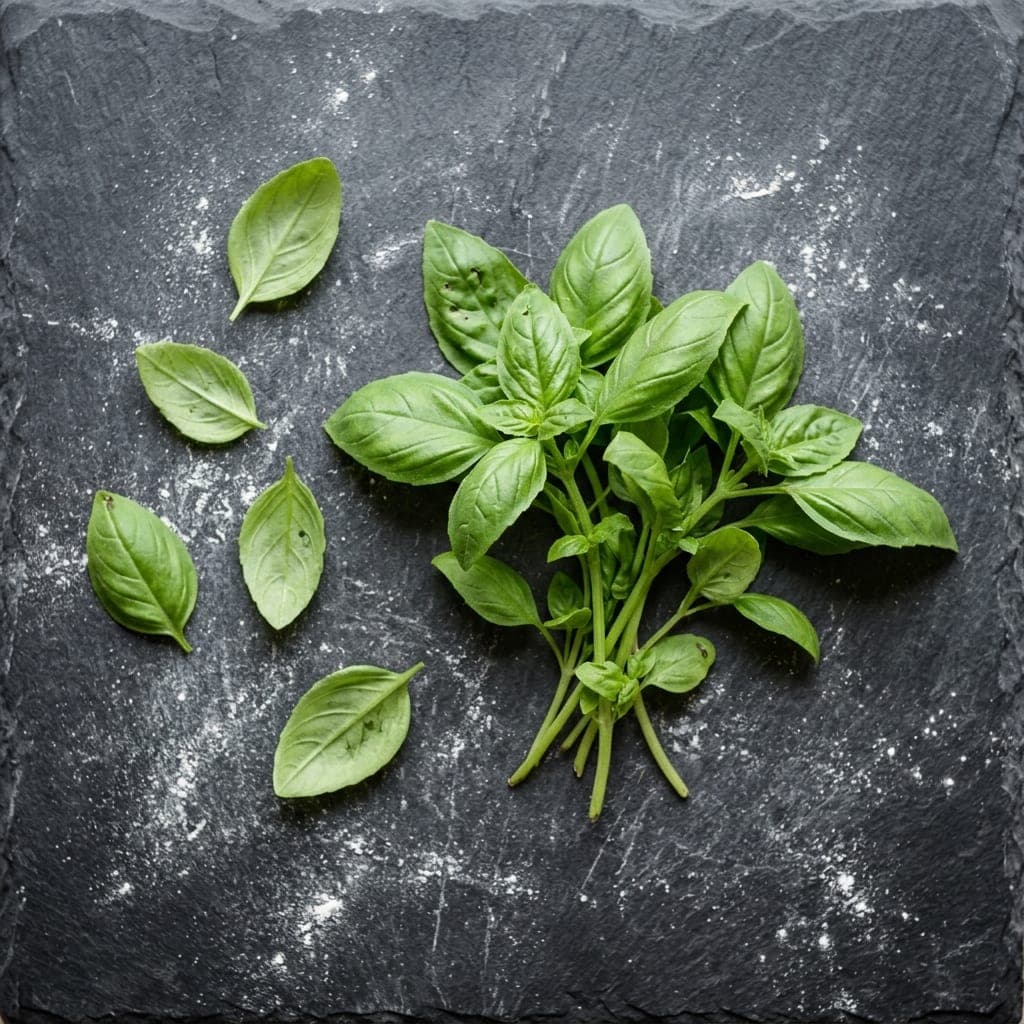A small bunch of fresh basil with single leaves scattered beside it on dark slate