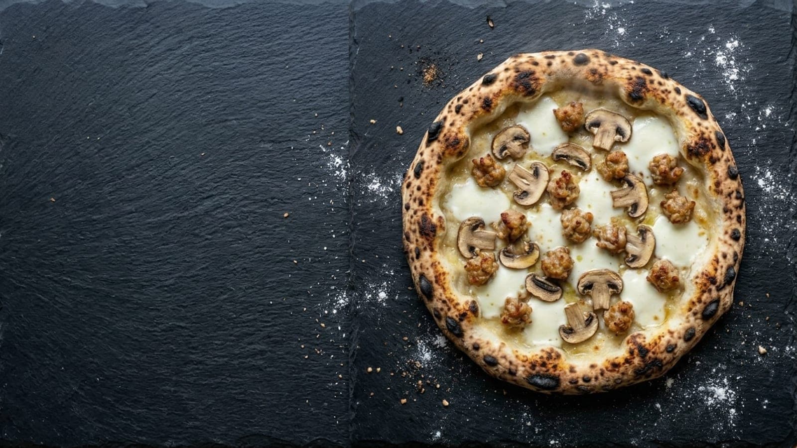 Boscaiola pizza, overhead — garlic oil, fresh mozzarella, mushrooms, italian sausage
