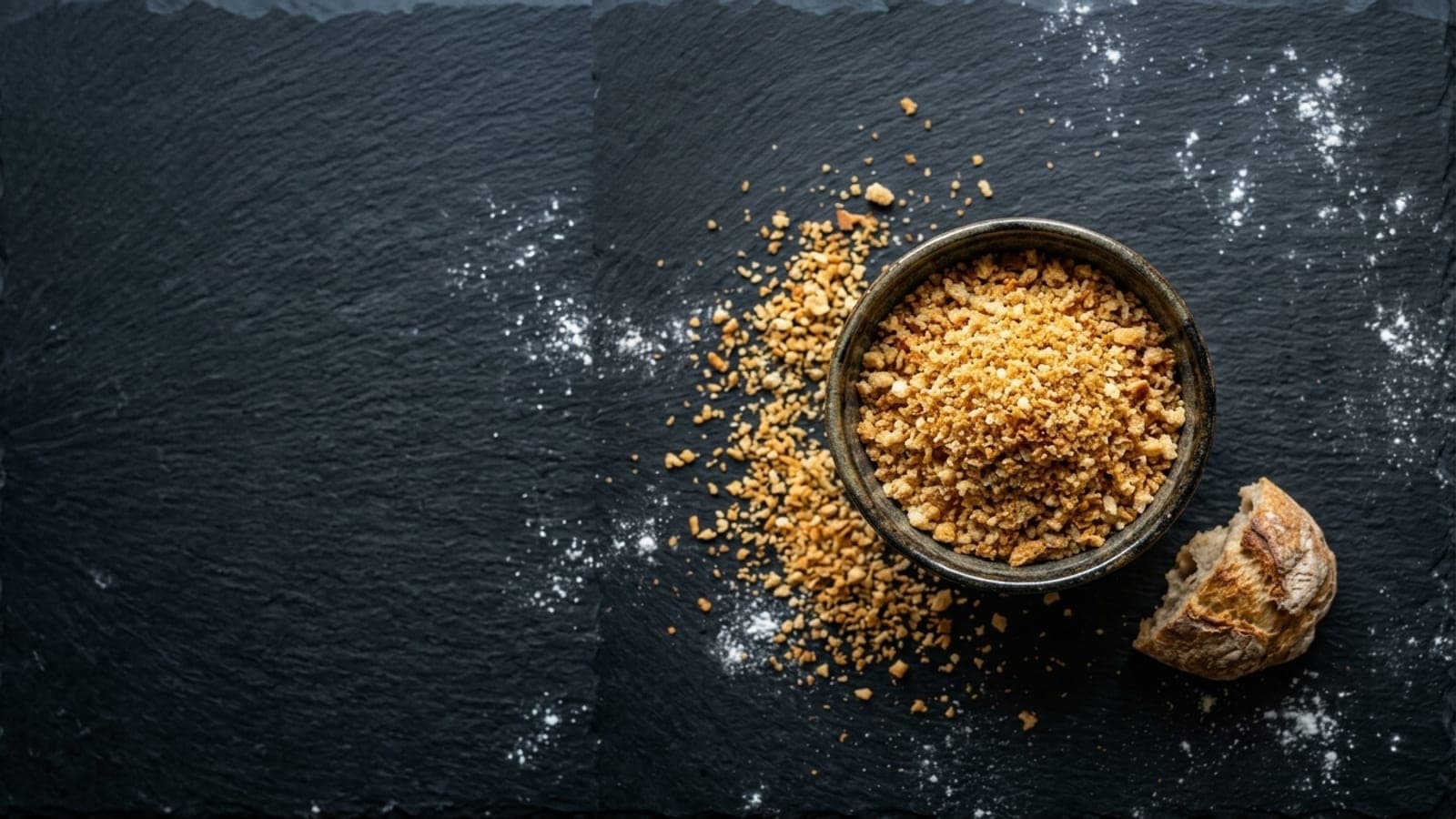 A small bowl of golden toasted breadcrumbs with a scatter of them and a heel of stale bread on dark slate