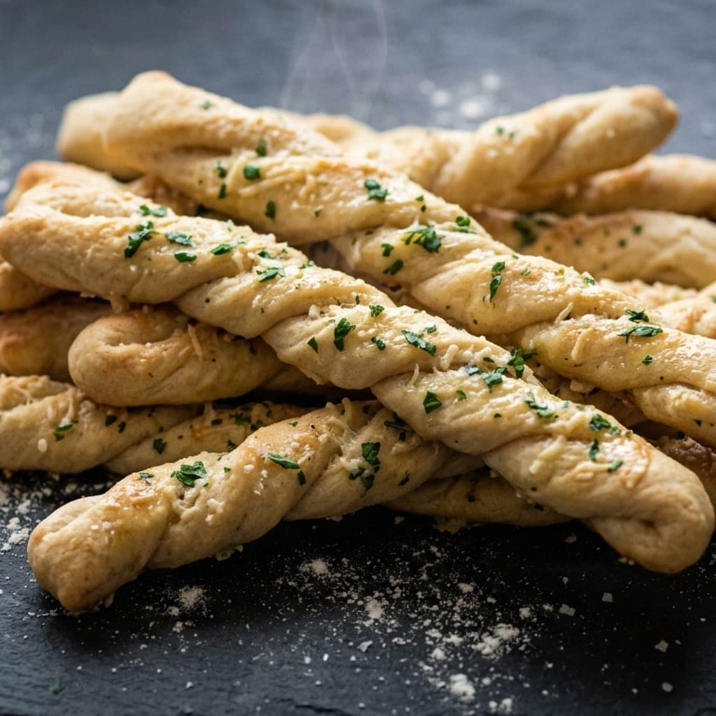 Breadsticks, overhead — golden and glossy with garlic butter