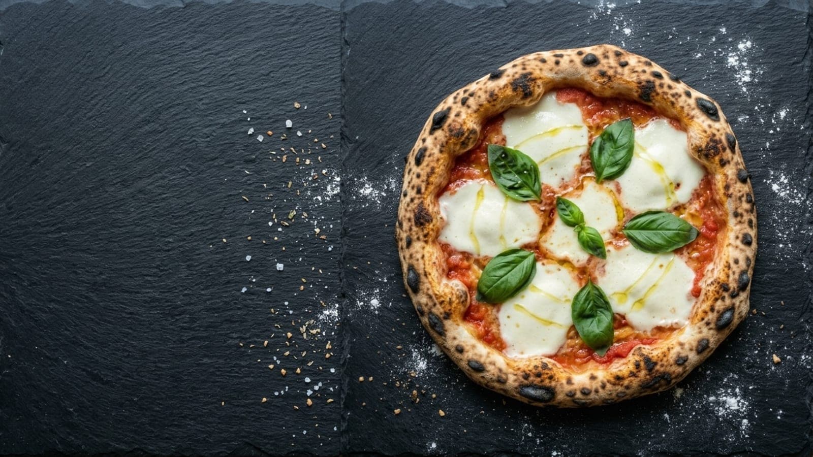Bufalina pizza, overhead — crushed tomatoes, buffalo mozzarella, extra-virgin olive oil