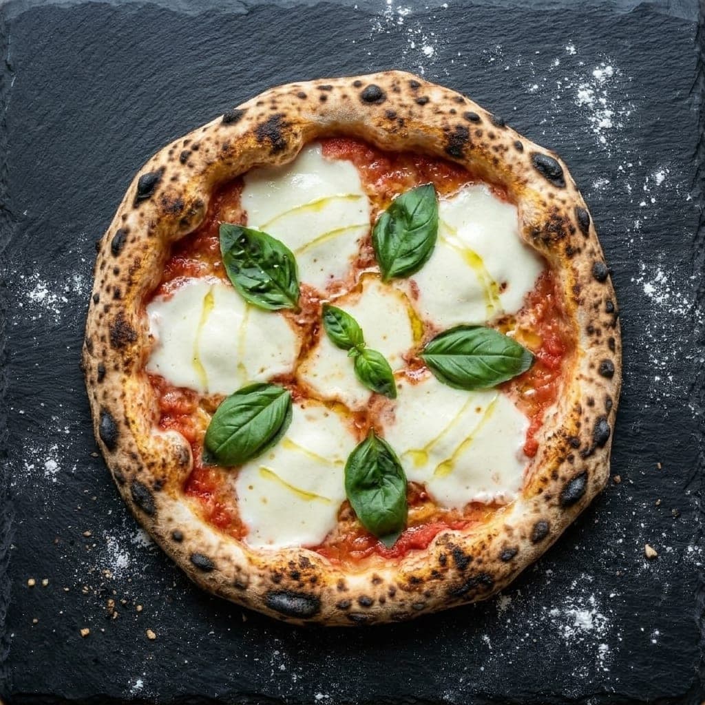 Bufalina pizza, overhead — crushed tomatoes, buffalo mozzarella, extra-virgin olive oil