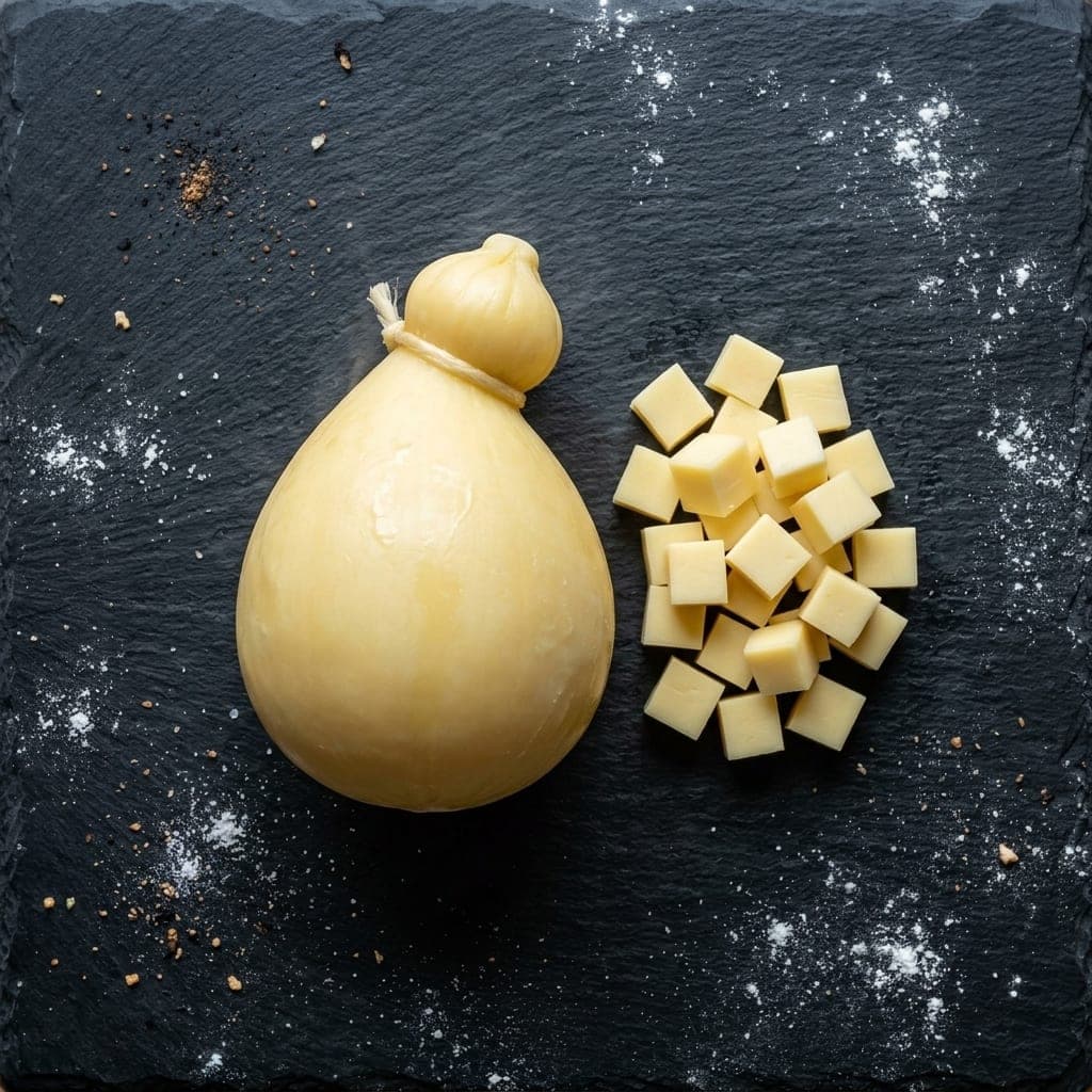 A teardrop-shaped caciocavallo cheese with small cubes cut from it on dark slate
