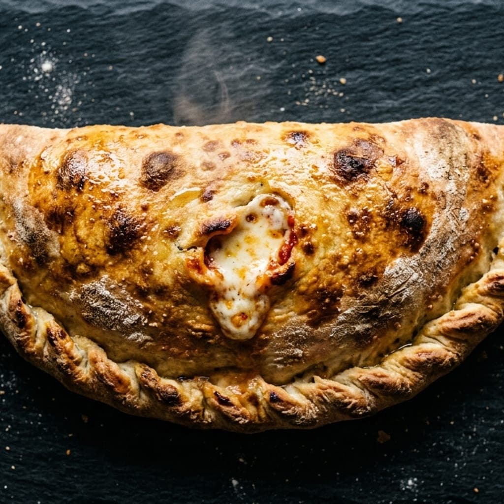 Calzone, overhead — golden and glossy with garlic butter