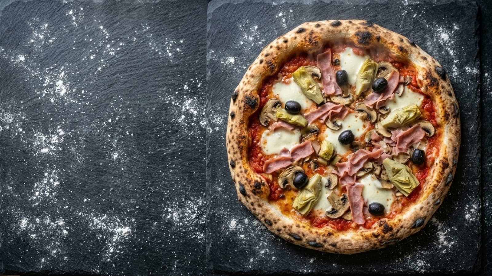 Capricciosa pizza, overhead — crushed tomatoes, fresh mozzarella, cooked ham, mushrooms, artichoke hearts, black olives