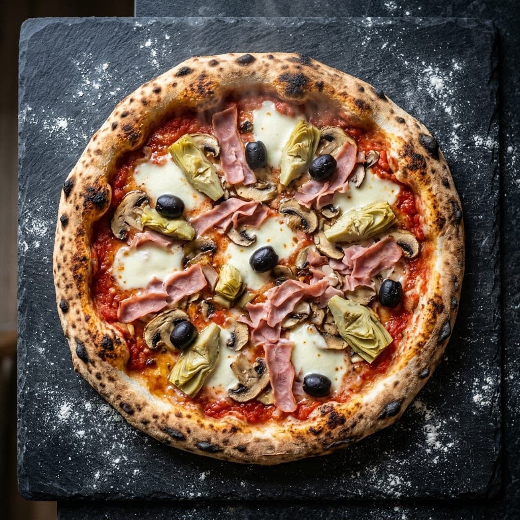 Capricciosa pizza, overhead — crushed tomatoes, fresh mozzarella, cooked ham, mushrooms, artichoke hearts, black olives