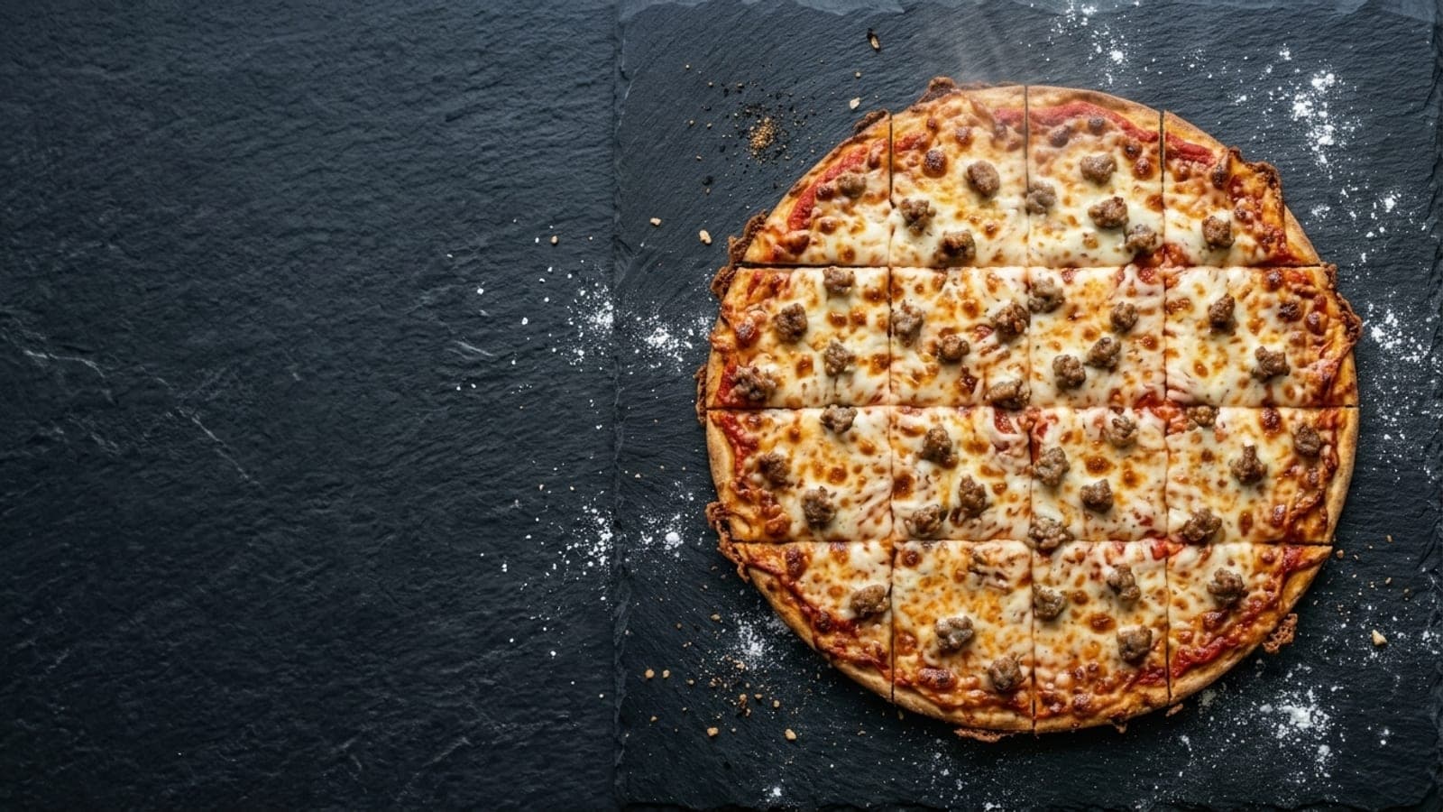 Chicago tavern pizza, overhead — pizza sauce, low-moisture mozzarella, italian sausage, dried oregano