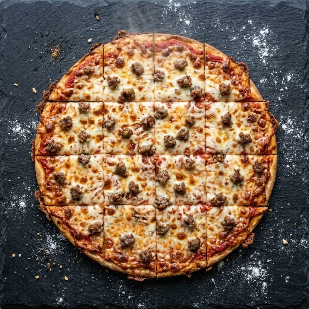 Chicago tavern pizza, overhead — pizza sauce, low-moisture mozzarella, italian sausage, dried oregano