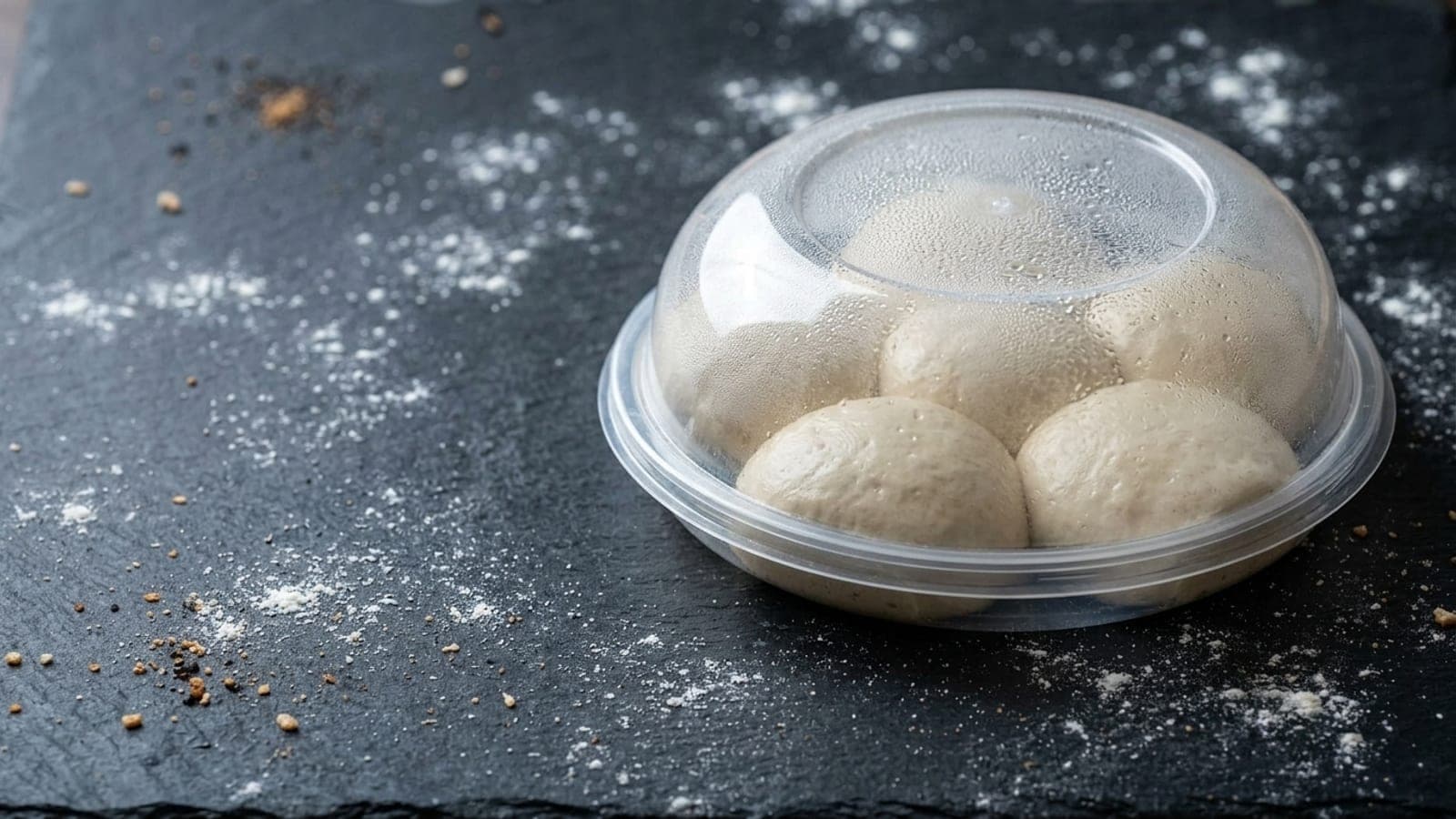 Smooth pizza dough balls cold-proofing in a clear lidded container on a floured dark slate counter.
