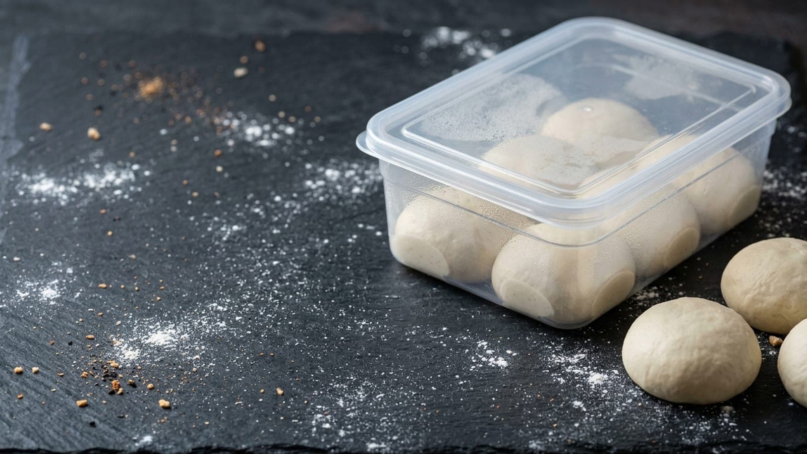 Pizza dough balls cold-proofing in a clear container on a floured dark slate counter.