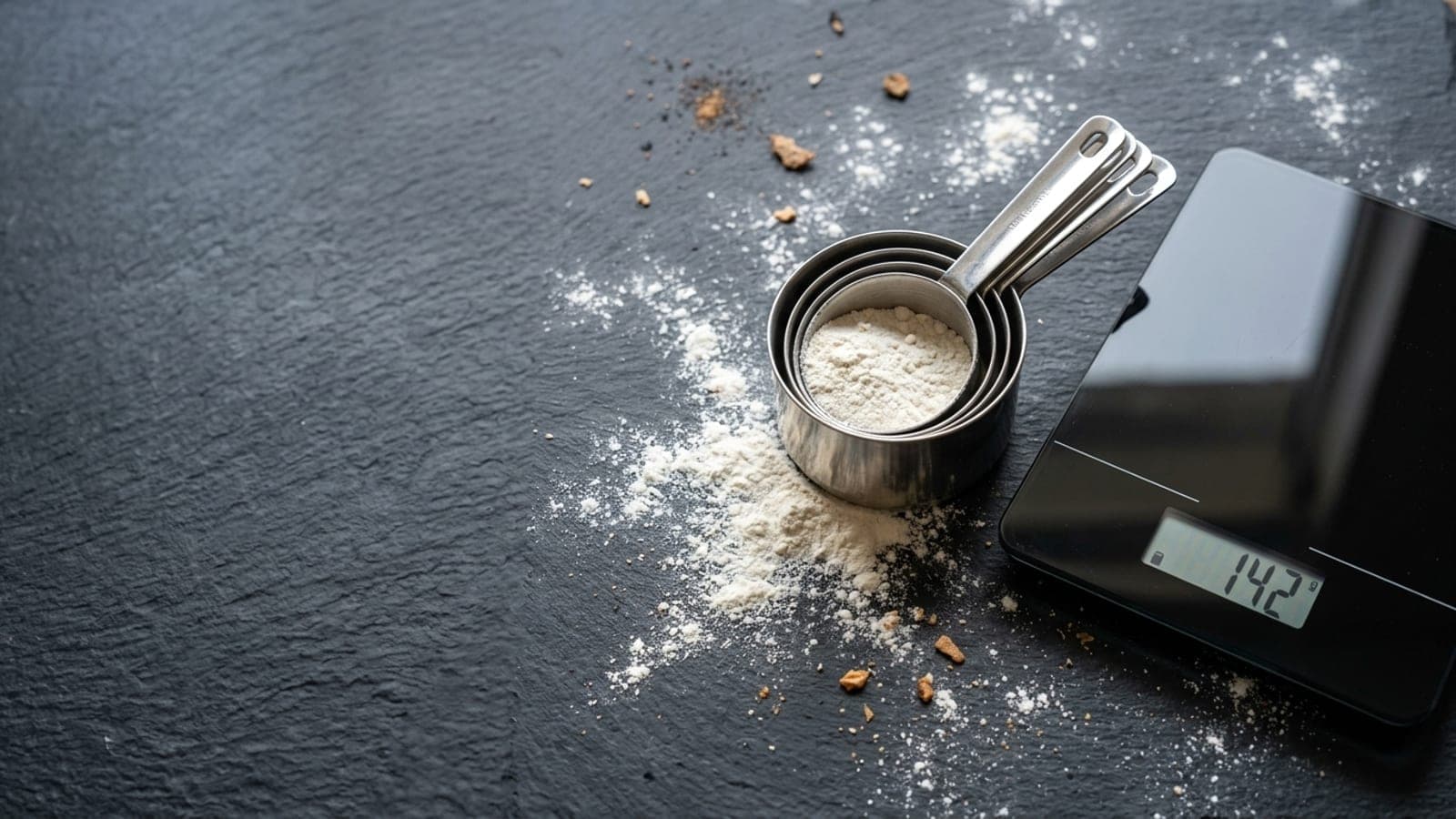 Measuring cups and a kitchen scale with flour on a dark slate counter.