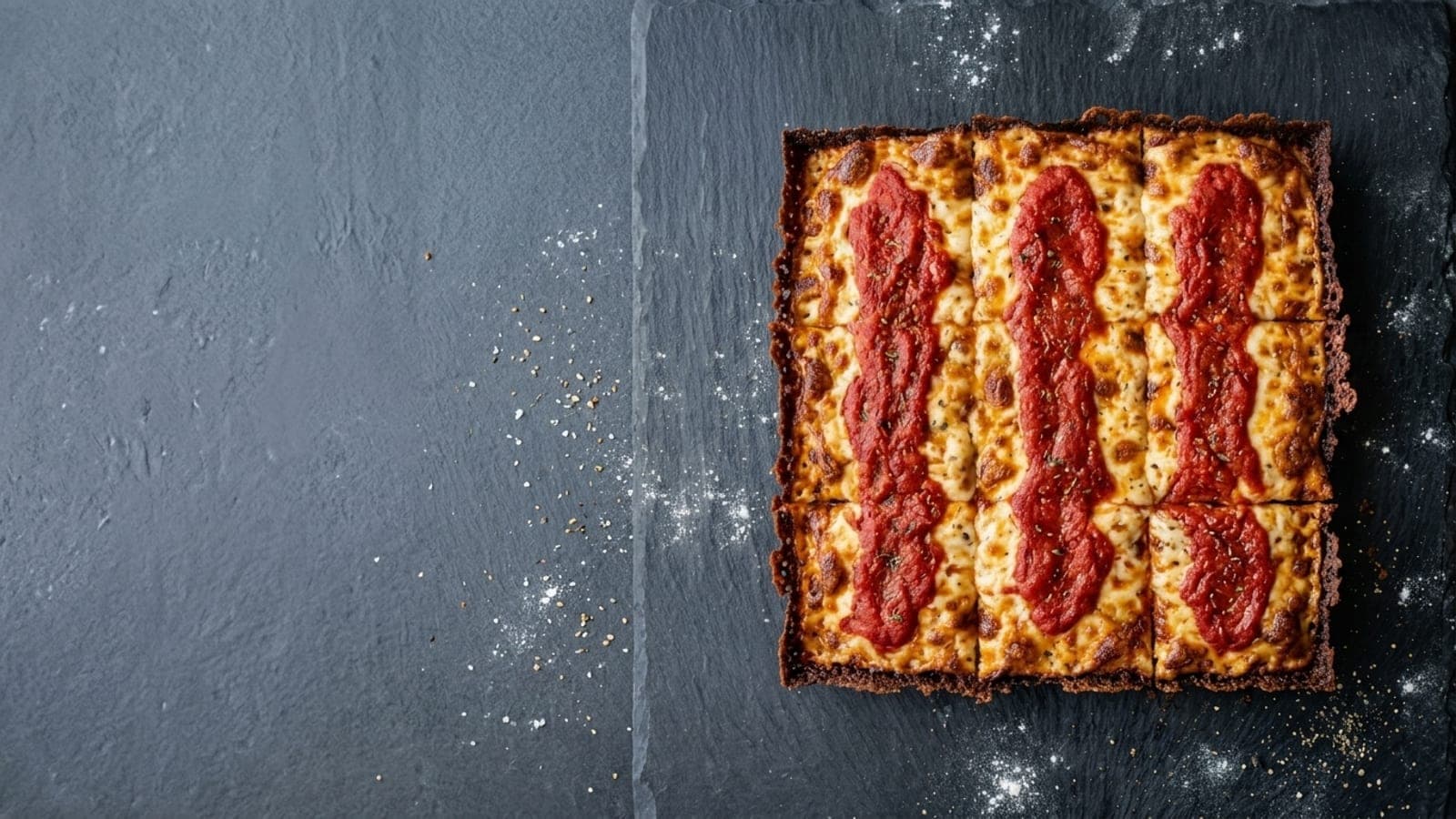 Detroit red-top pizza, overhead — brick cheese, pizza sauce