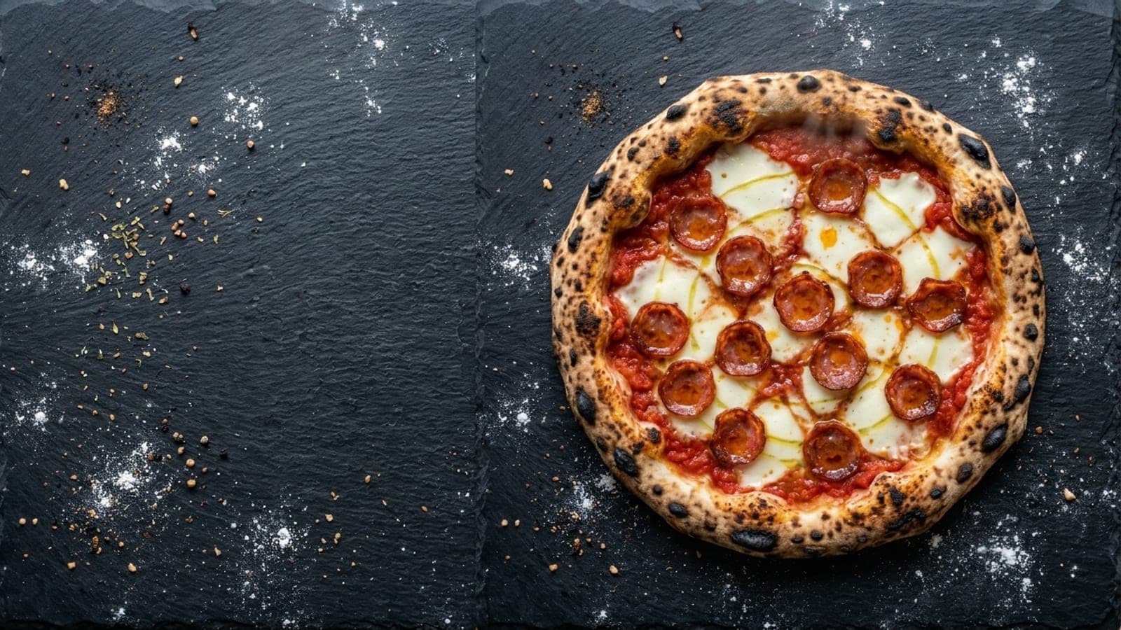 Diavola pizza, overhead — crushed tomatoes, fresh mozzarella, spicy salami