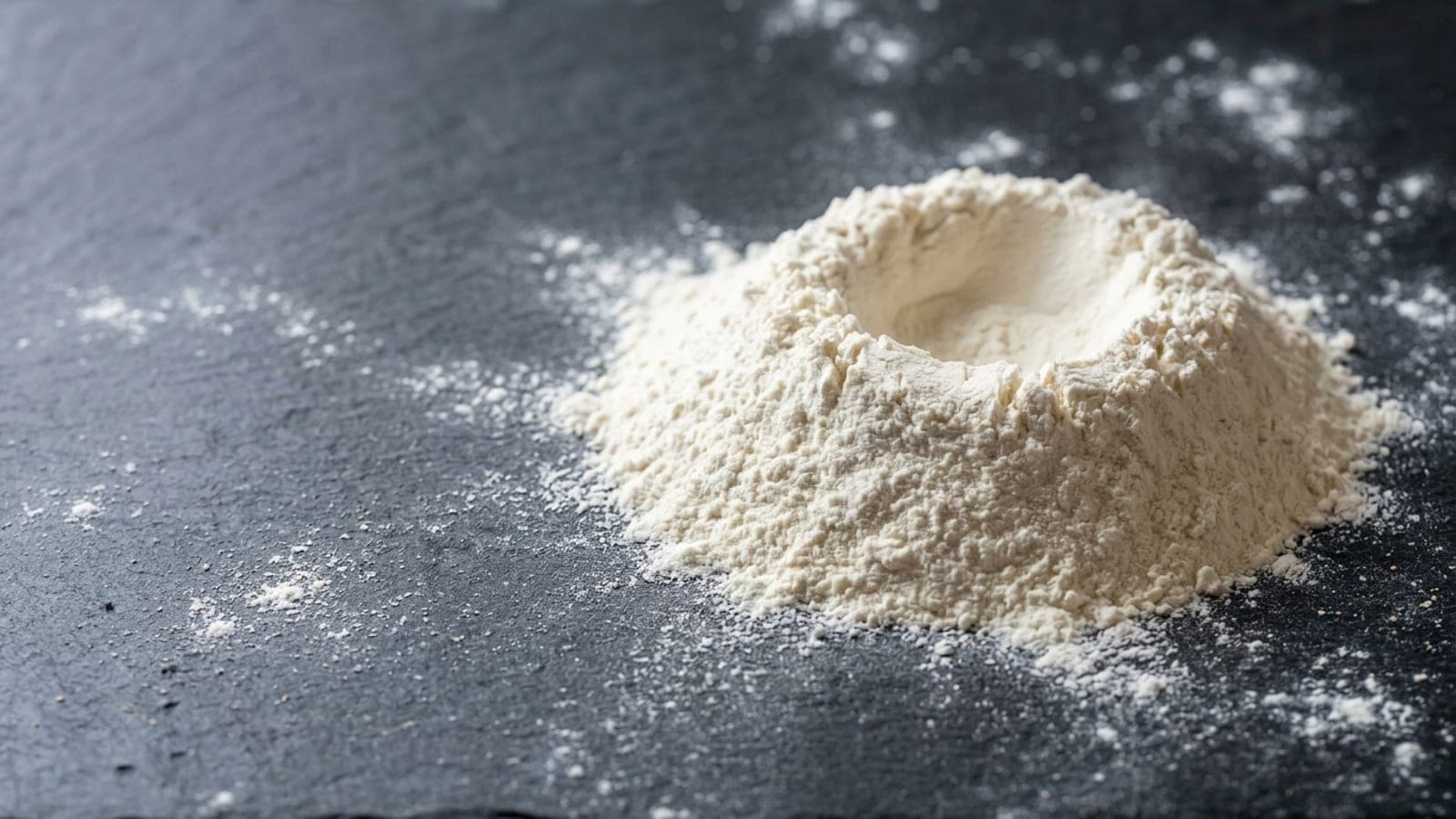 A soft mound of fine 00 flour with a scooped hollow on a dark slate counter.
