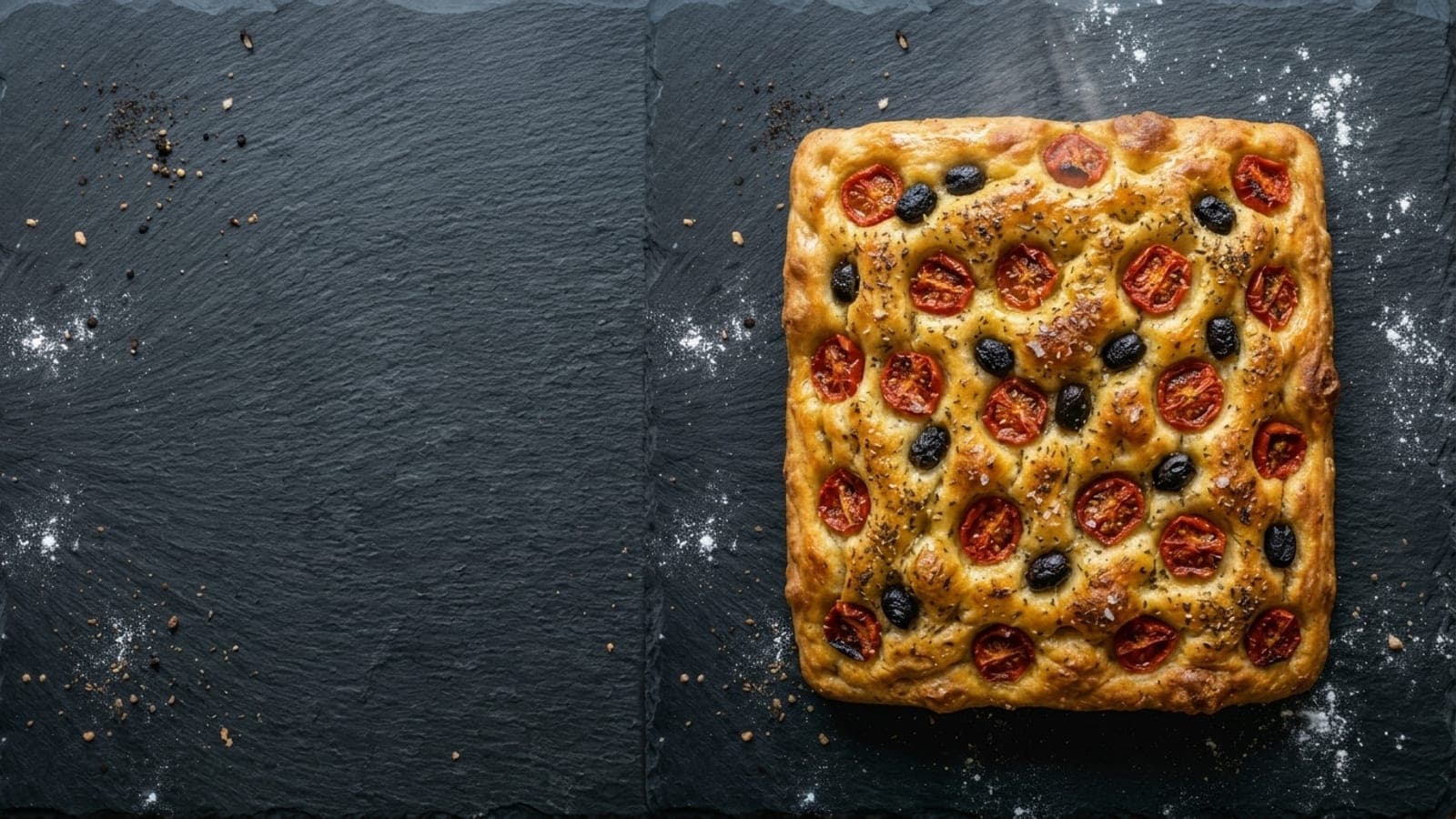 Focaccia barese pizza, overhead — cherry tomatoes, black olives, dried oregano, extra-virgin olive oil