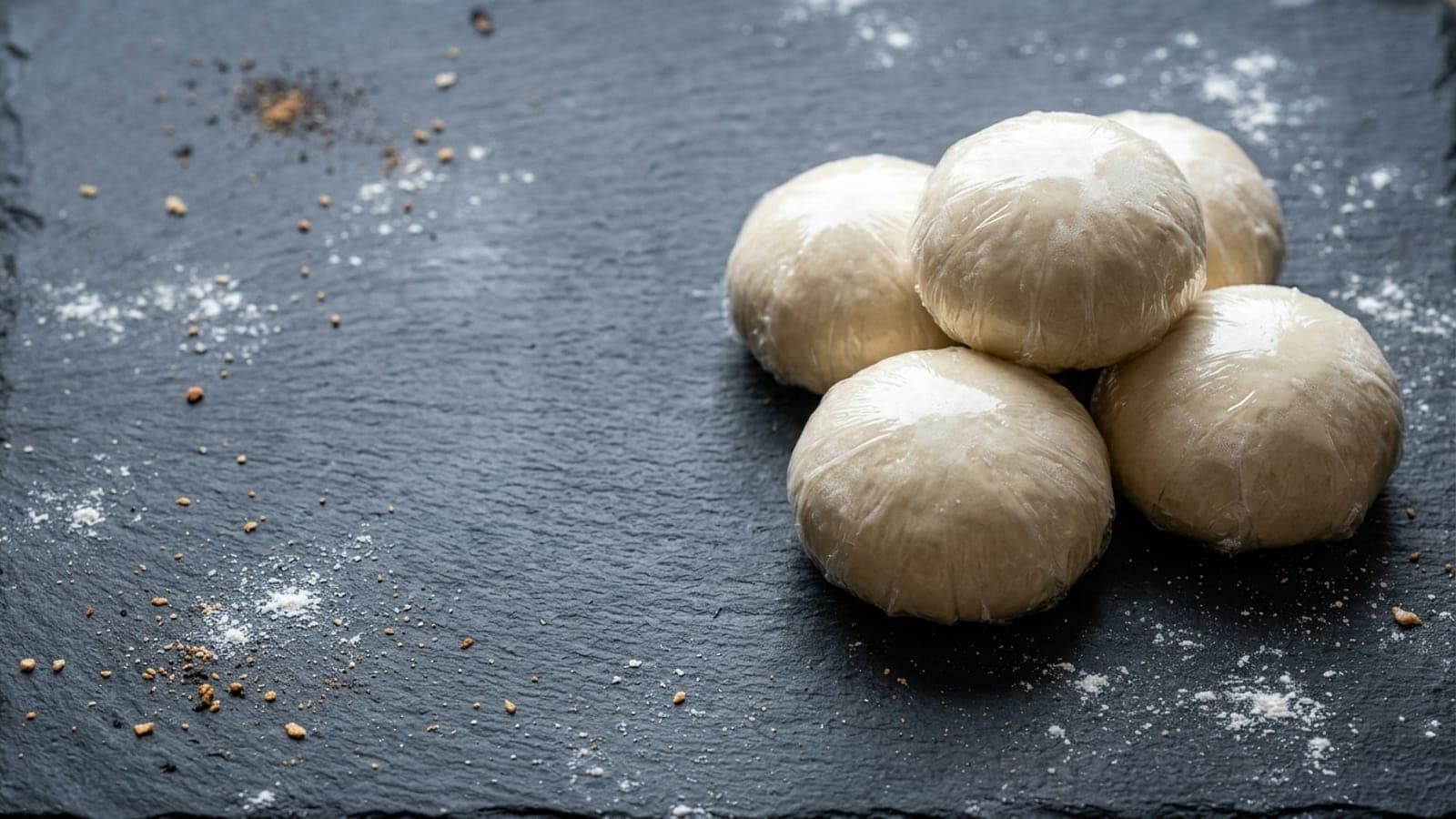 Pizza dough balls wrapped for the freezer with a frosted sheen on a dark slate counter.