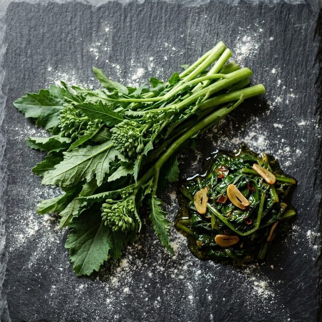 A fresh bunch of broccoli rabe beside a small pile of sautéed friarielli glistening with olive oil, on dark slate