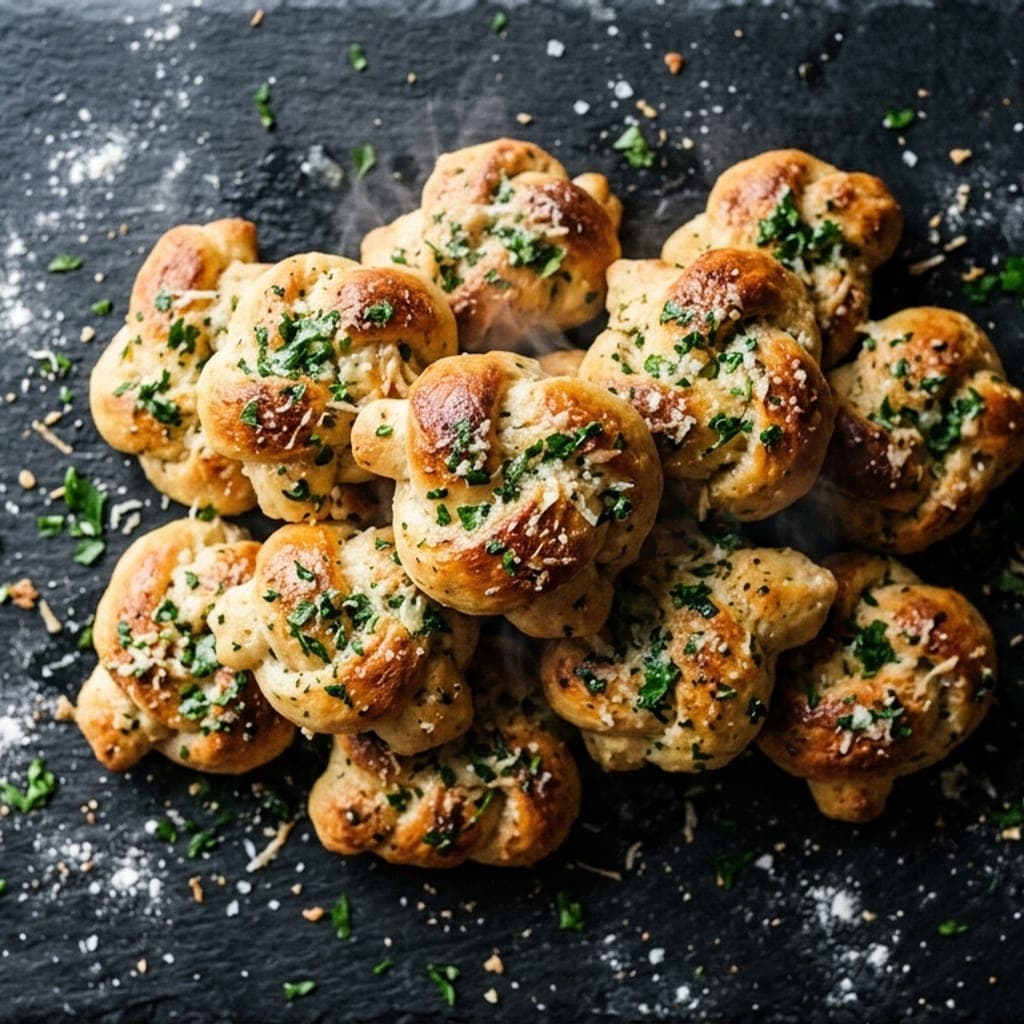 Garlic knots, overhead — golden and glossy with garlic butter