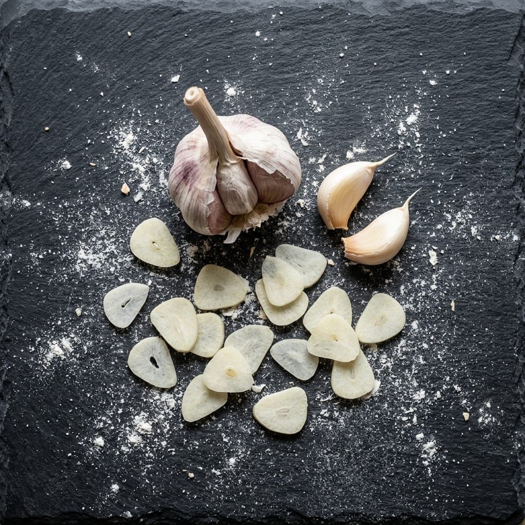 A head of garlic with peeled cloves and paper-thin slices scattered on dark slate