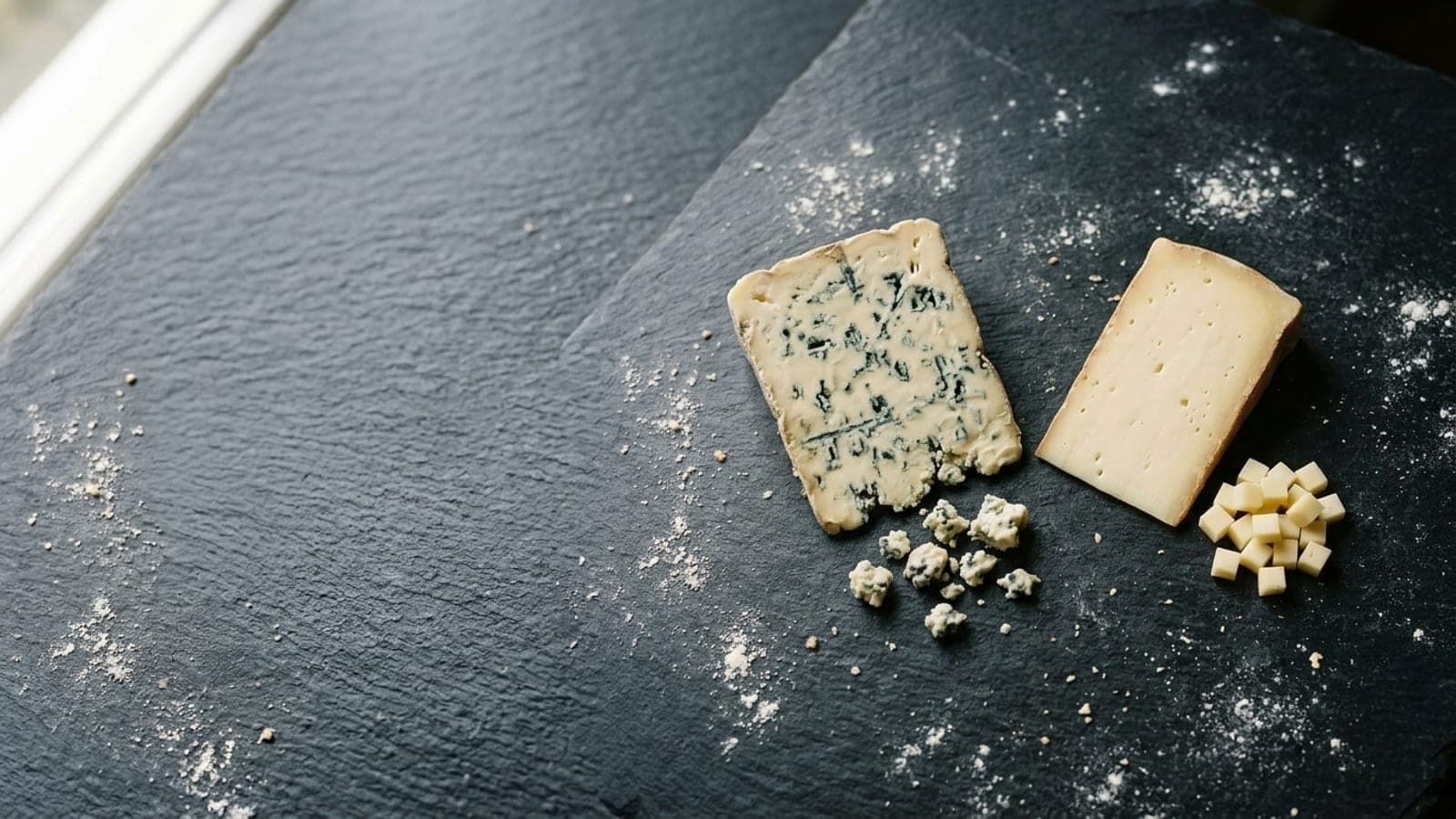 A blue-veined wedge of gorgonzola with crumbled nuggets beside a wedge of fontina with small dice, on dark slate