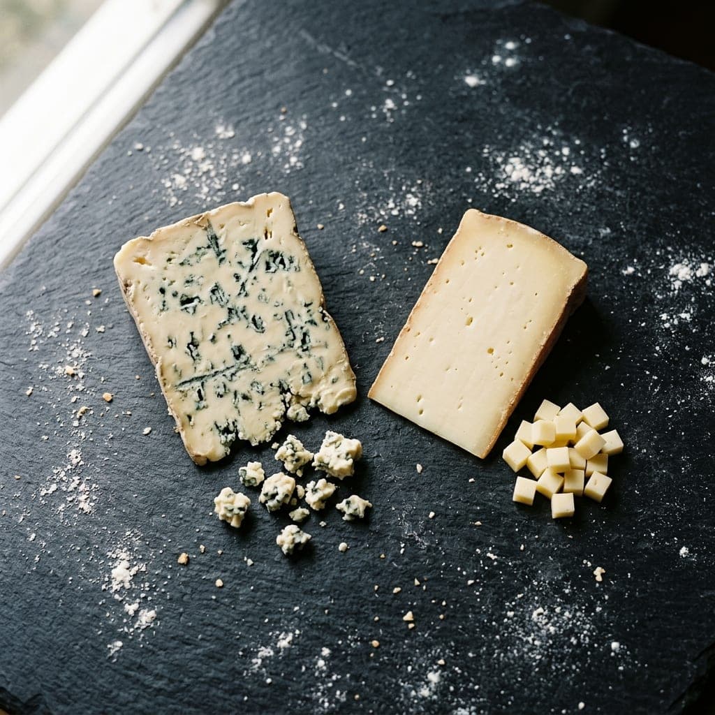 A blue-veined wedge of gorgonzola with crumbled nuggets beside a wedge of fontina with small dice, on dark slate