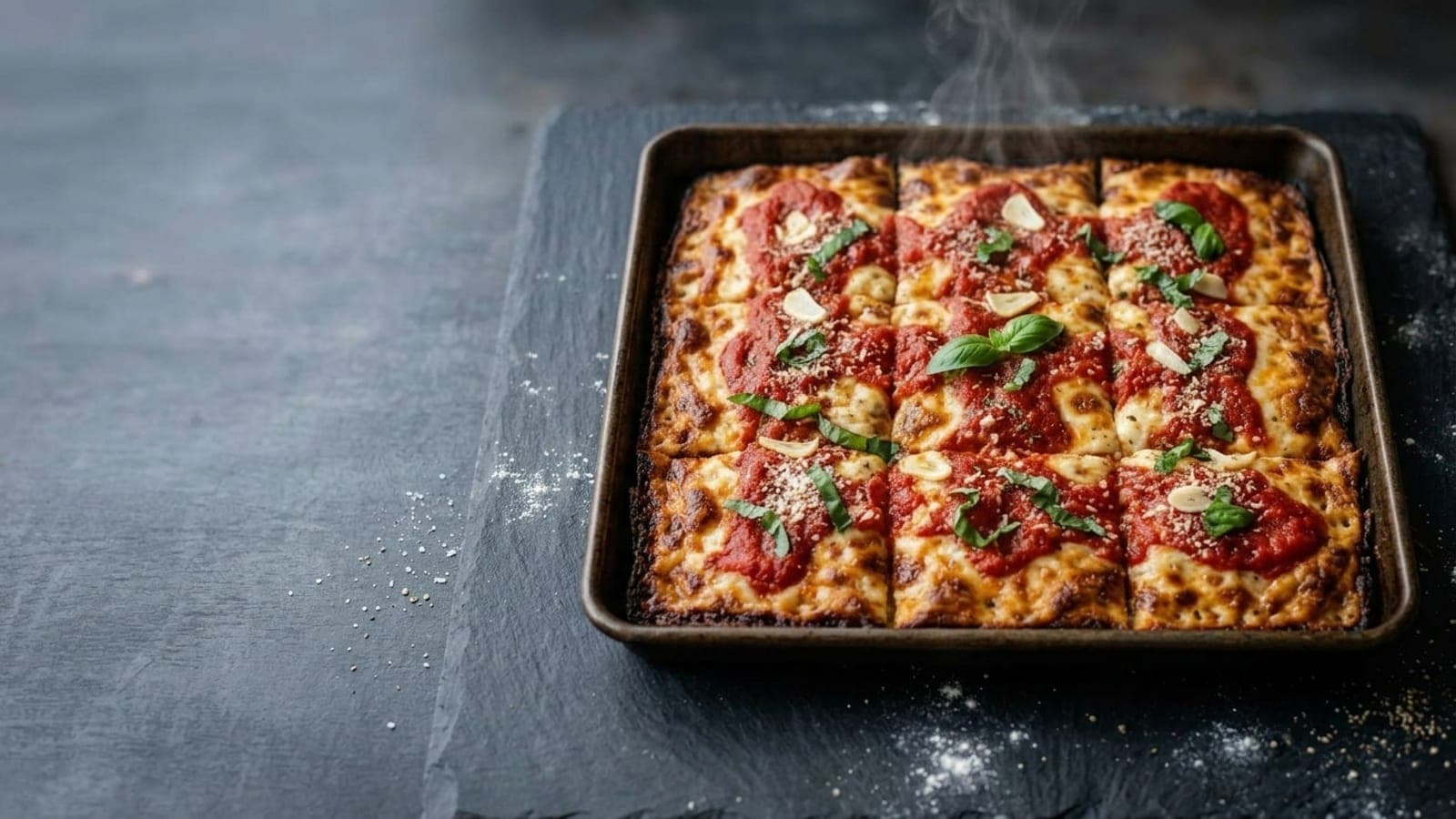 Grandma pizza, overhead — low-moisture mozzarella, crushed tomatoes, garlic, extra-virgin olive oil, dried oregano, parmigiano reggiano