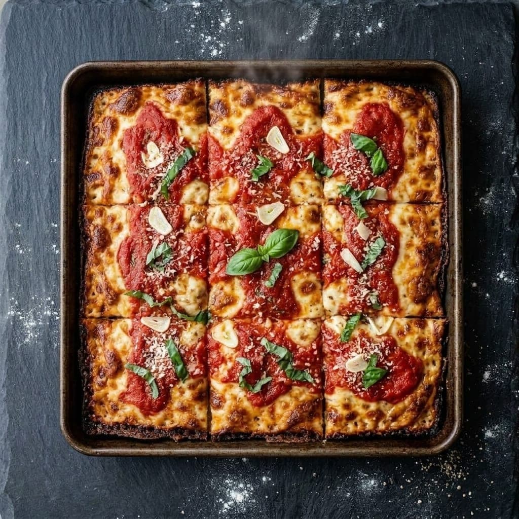 Grandma pizza, overhead — low-moisture mozzarella, crushed tomatoes, garlic, extra-virgin olive oil, dried oregano, parmigiano reggiano
