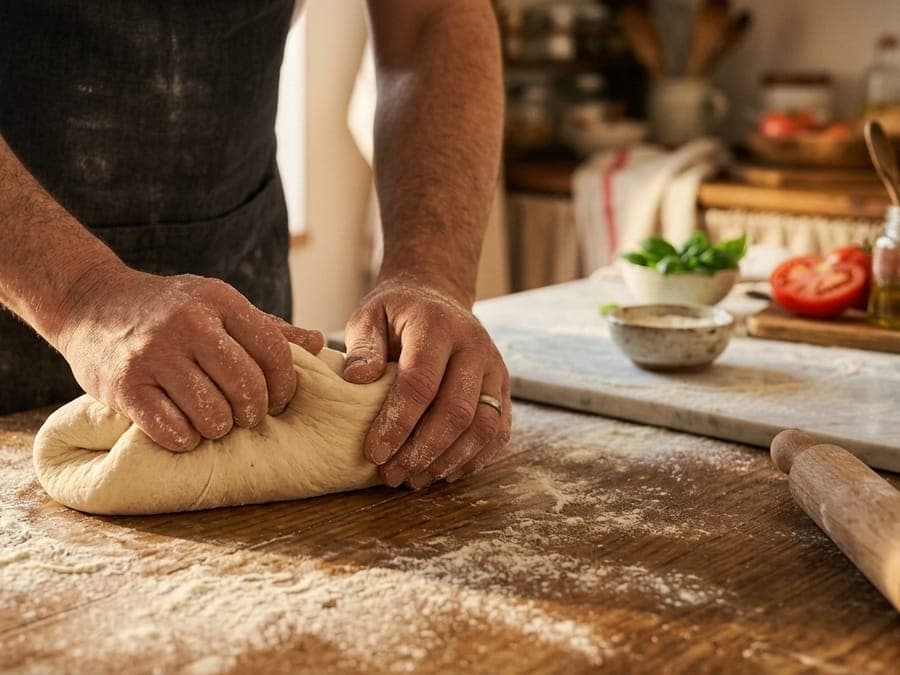 A baker kneading dough on a floured wooden board