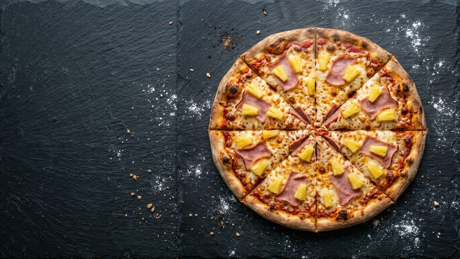 Hawaiian pizza, overhead — pizza sauce, low-moisture mozzarella, cooked ham, pineapple