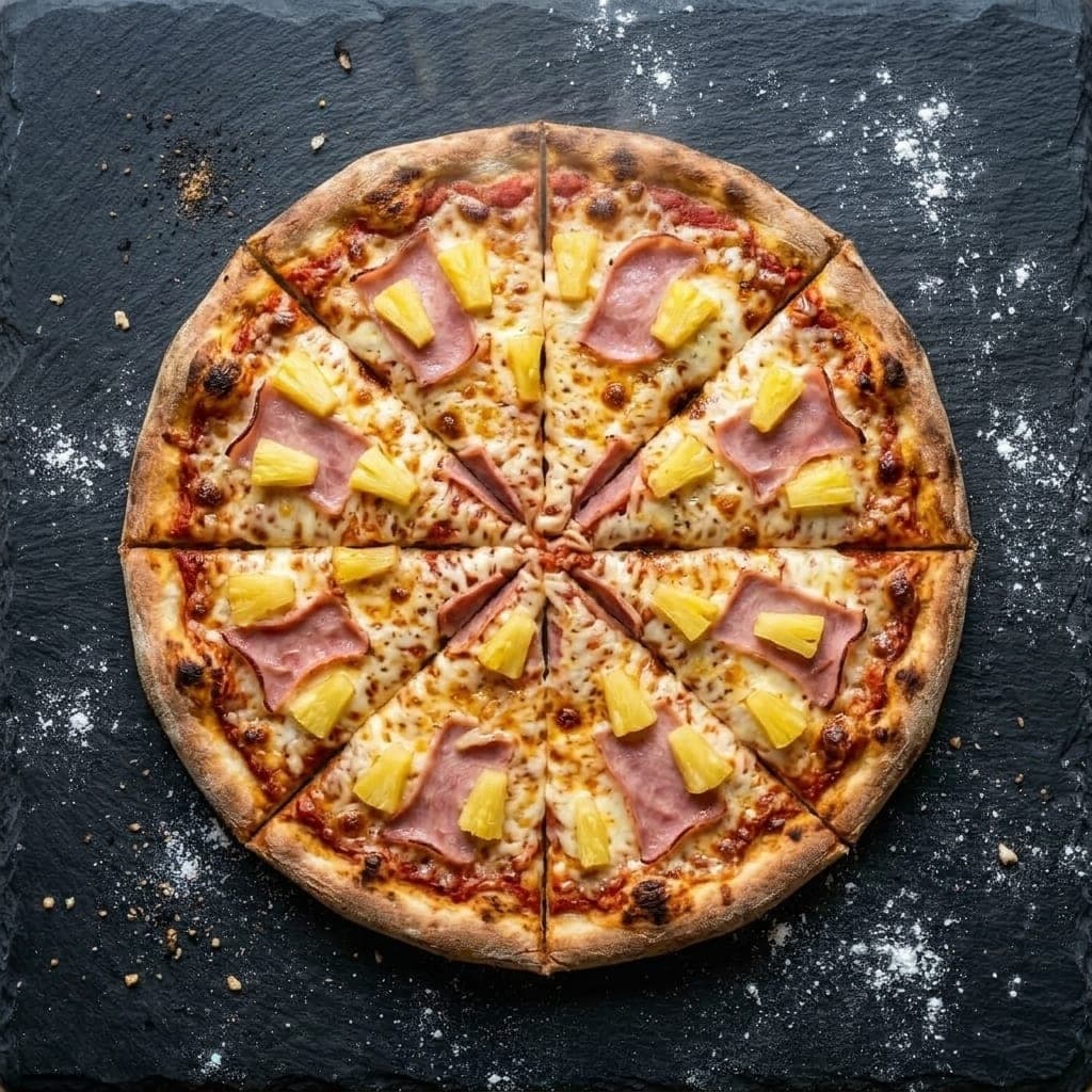 Hawaiian pizza, overhead — pizza sauce, low-moisture mozzarella, cooked ham, pineapple