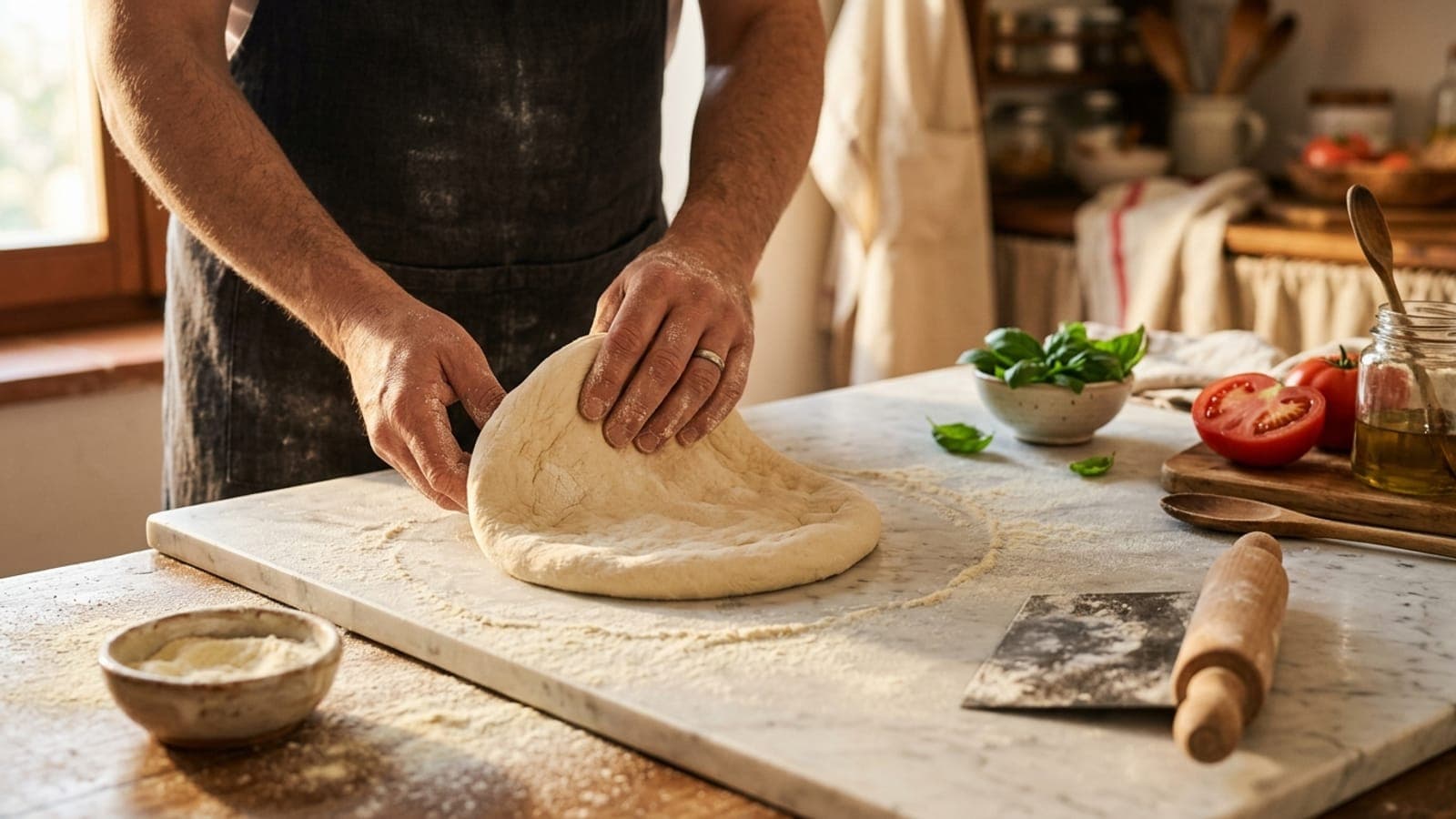 A baker shaping pizza dough on a floured marble counter, with basil and tomato nearby