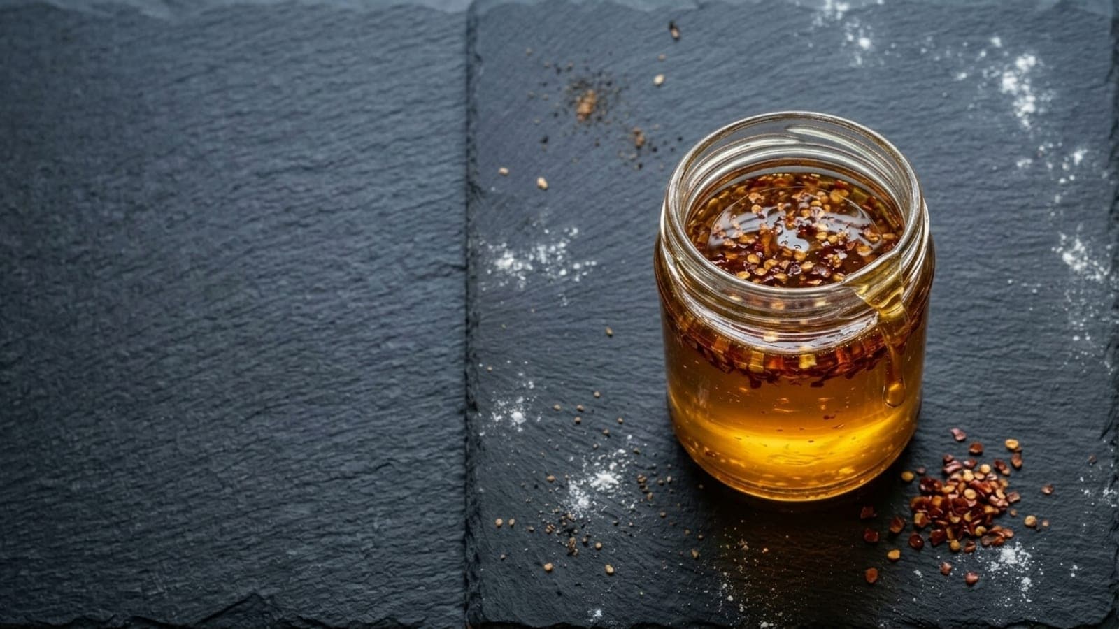 A small glass jar of hot honey, golden and glossy with chili flakes suspended in it, on dark slate