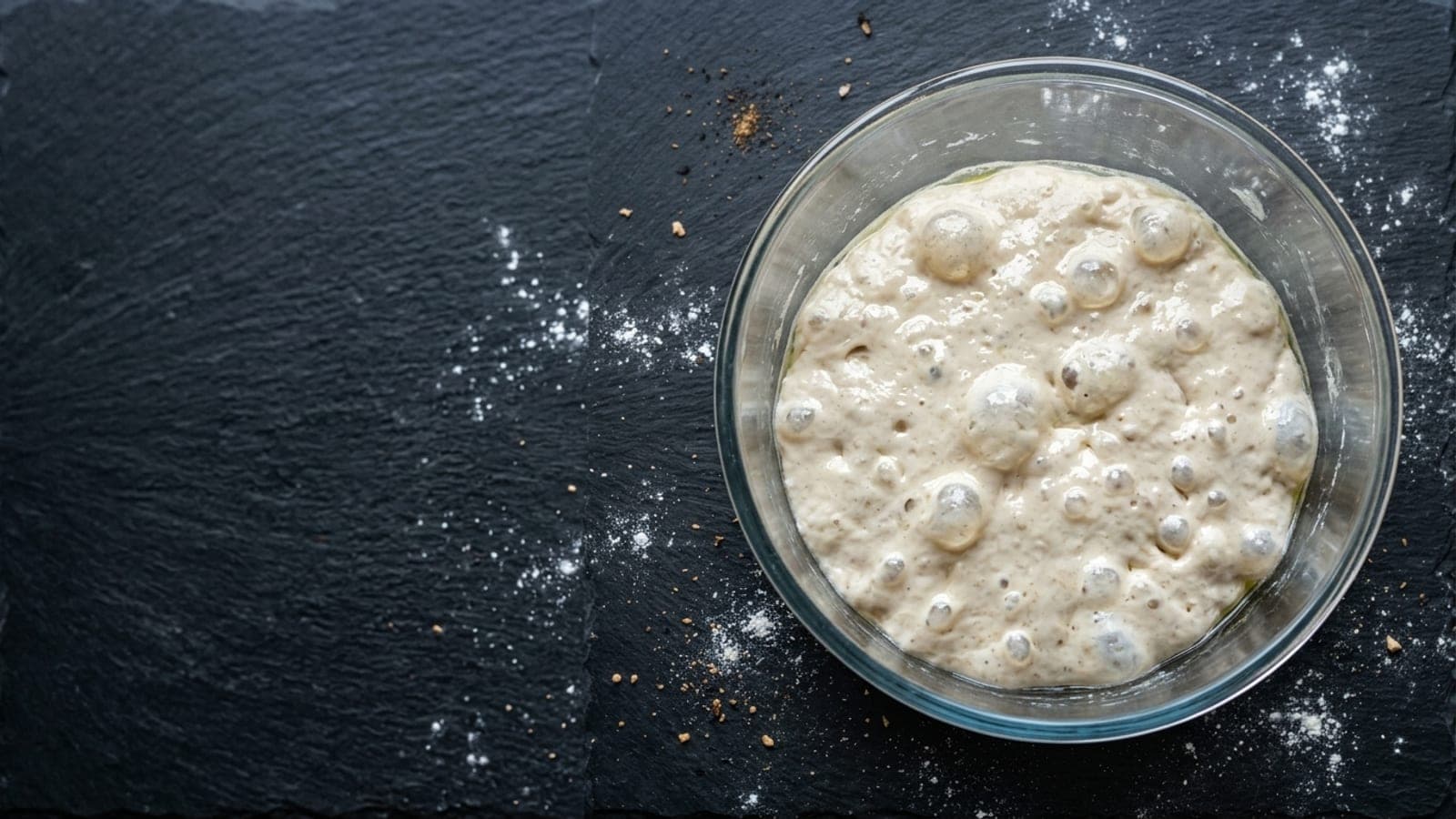 A wet, glossy high-hydration pizza dough full of bubbles in a glass bowl on a floured dark slate counter.