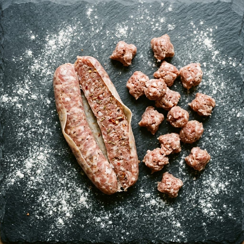 A raw Italian sausage split open with the casing peeled back and pinched nuggets of sausage meat on dark slate