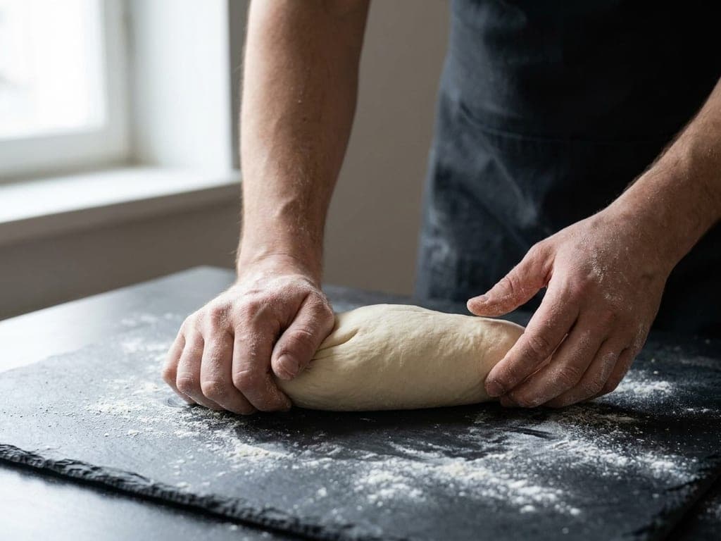 The heel of a hand pressing a ball of pizza dough away across a floured slate bench