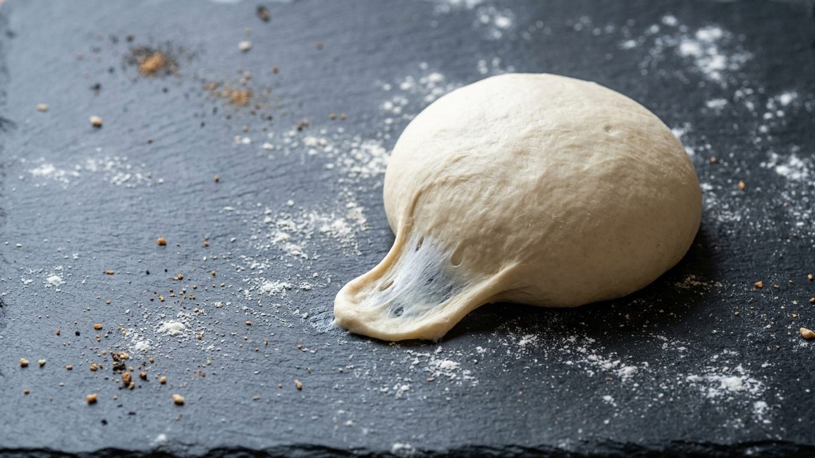 A smooth, well-kneaded dough ball stretched into a thin windowpane on a floured dark slate counter.