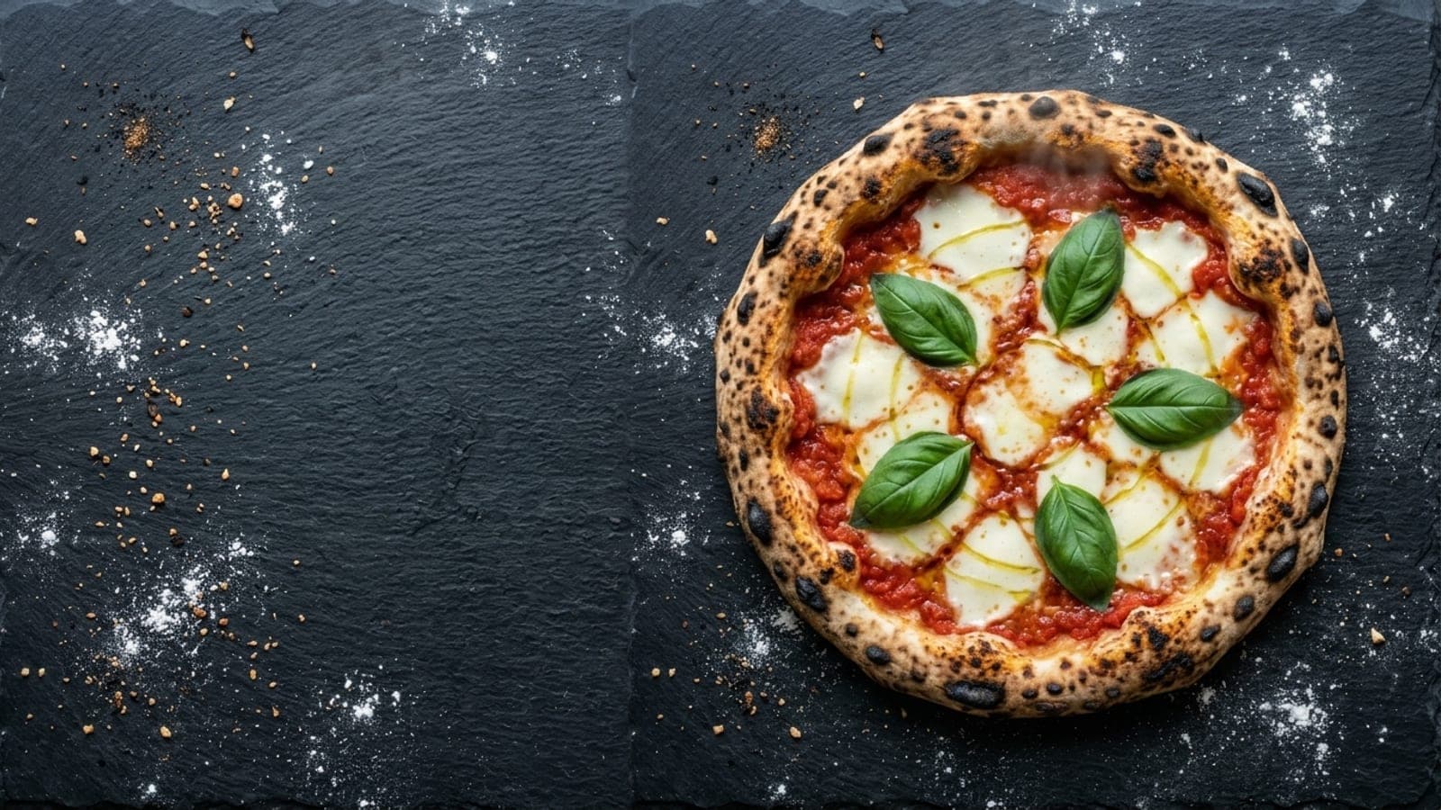 Margherita pizza, overhead — crushed tomatoes, fresh mozzarella, extra-virgin olive oil