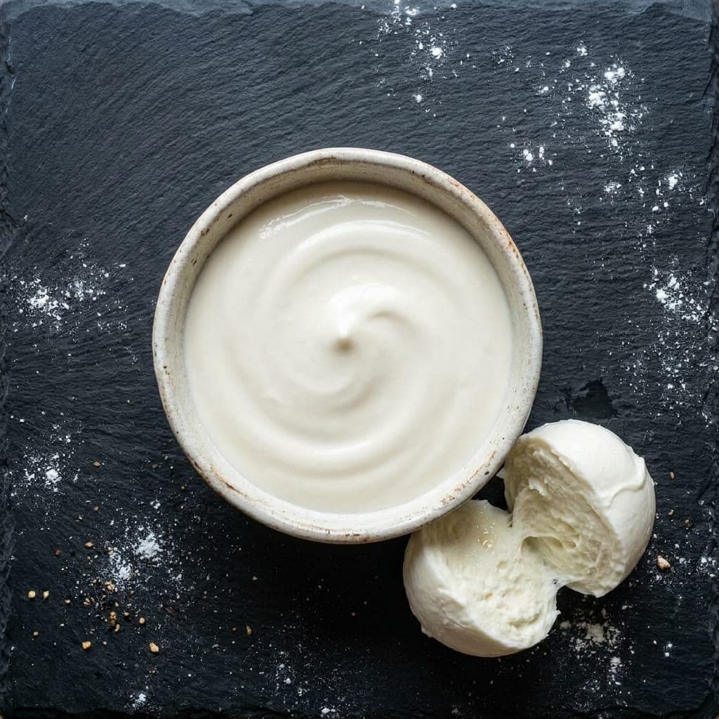 A bowl of thick, smooth white mozzarella cream with a torn ball of fresh mozzarella beside it, on dark slate
