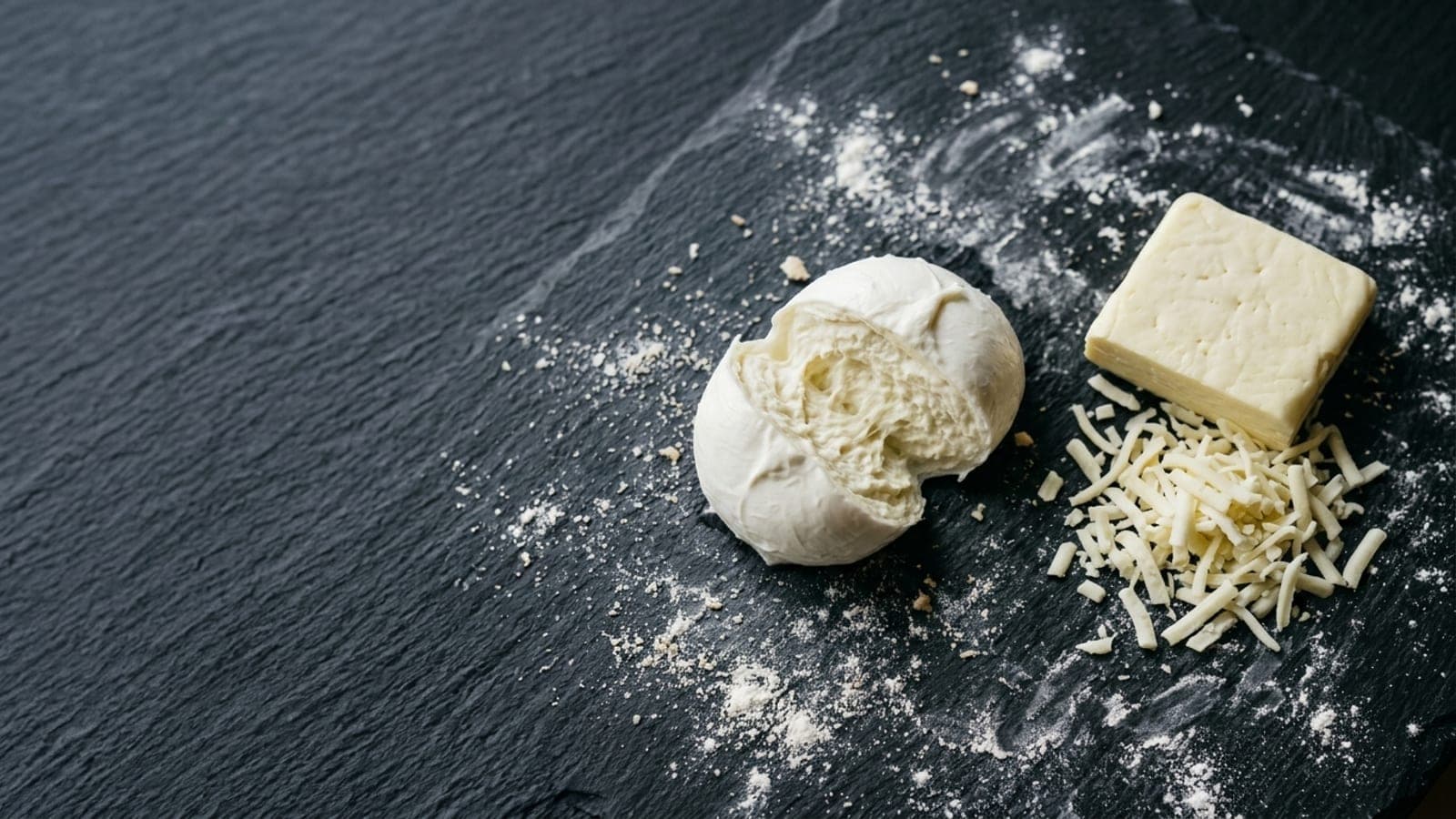 A ball of fresh fior di latte mozzarella torn open beside a block of low-moisture mozzarella with a pile of shreds, on dark slate