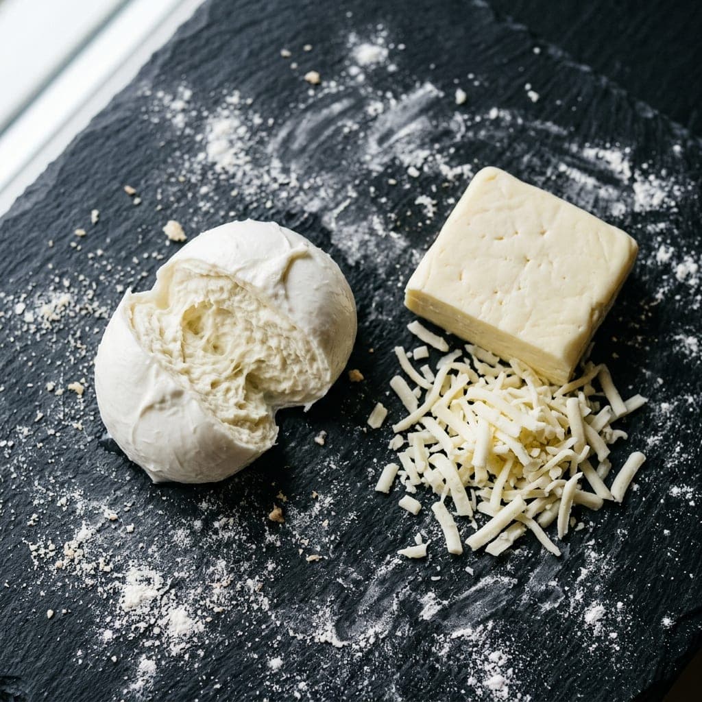 A ball of fresh fior di latte mozzarella torn open beside a block of low-moisture mozzarella with a pile of shreds, on dark slate