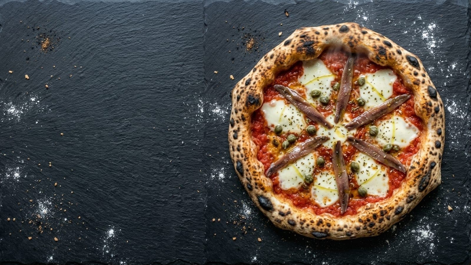 Napoli pizza, overhead — crushed tomatoes, fresh mozzarella, anchovy, capers, dried oregano, extra-virgin olive oil