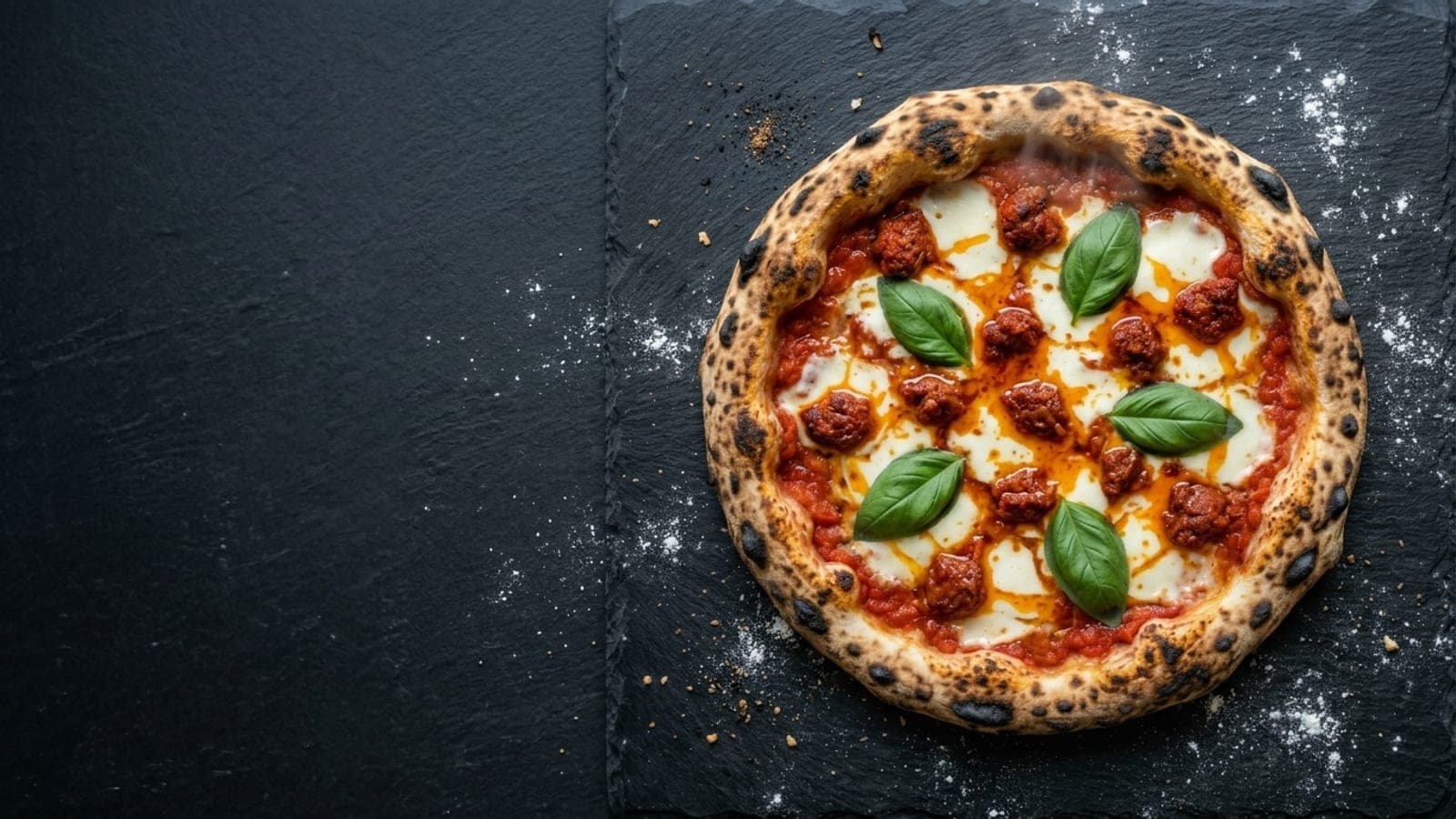 'Nduja pizza, overhead — crushed tomatoes, fresh mozzarella, 'nduja