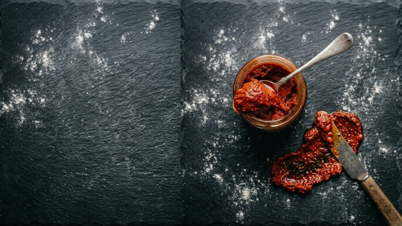 An open jar of soft rust-red Calabrian 'nduja with a spoonful lifted out, beside a knife smeared with the spicy paste, on dark slate