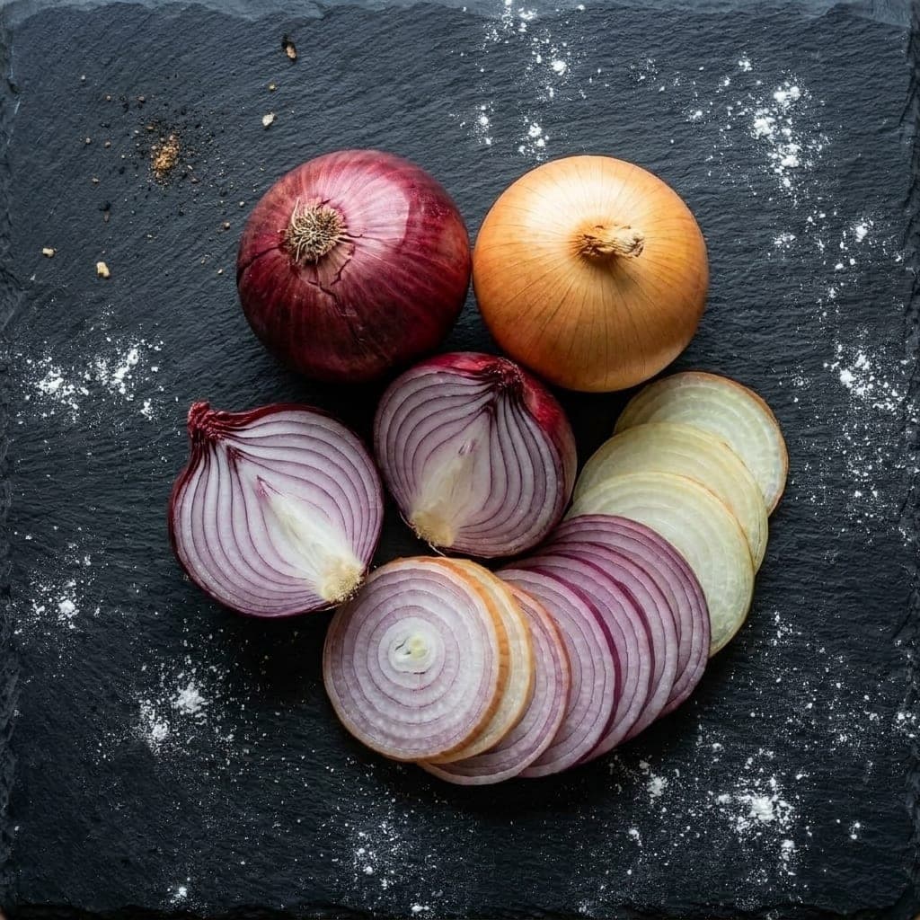 A red onion and a yellow onion, one halved, with thin slices fanned out beside them on dark slate