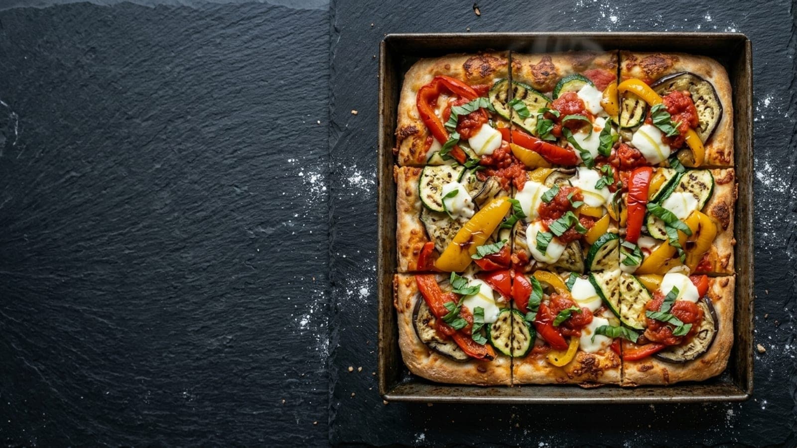 Ortolana pizza, overhead — crushed tomatoes, fresh mozzarella, zucchini, eggplant, bell peppers, extra-virgin olive oil