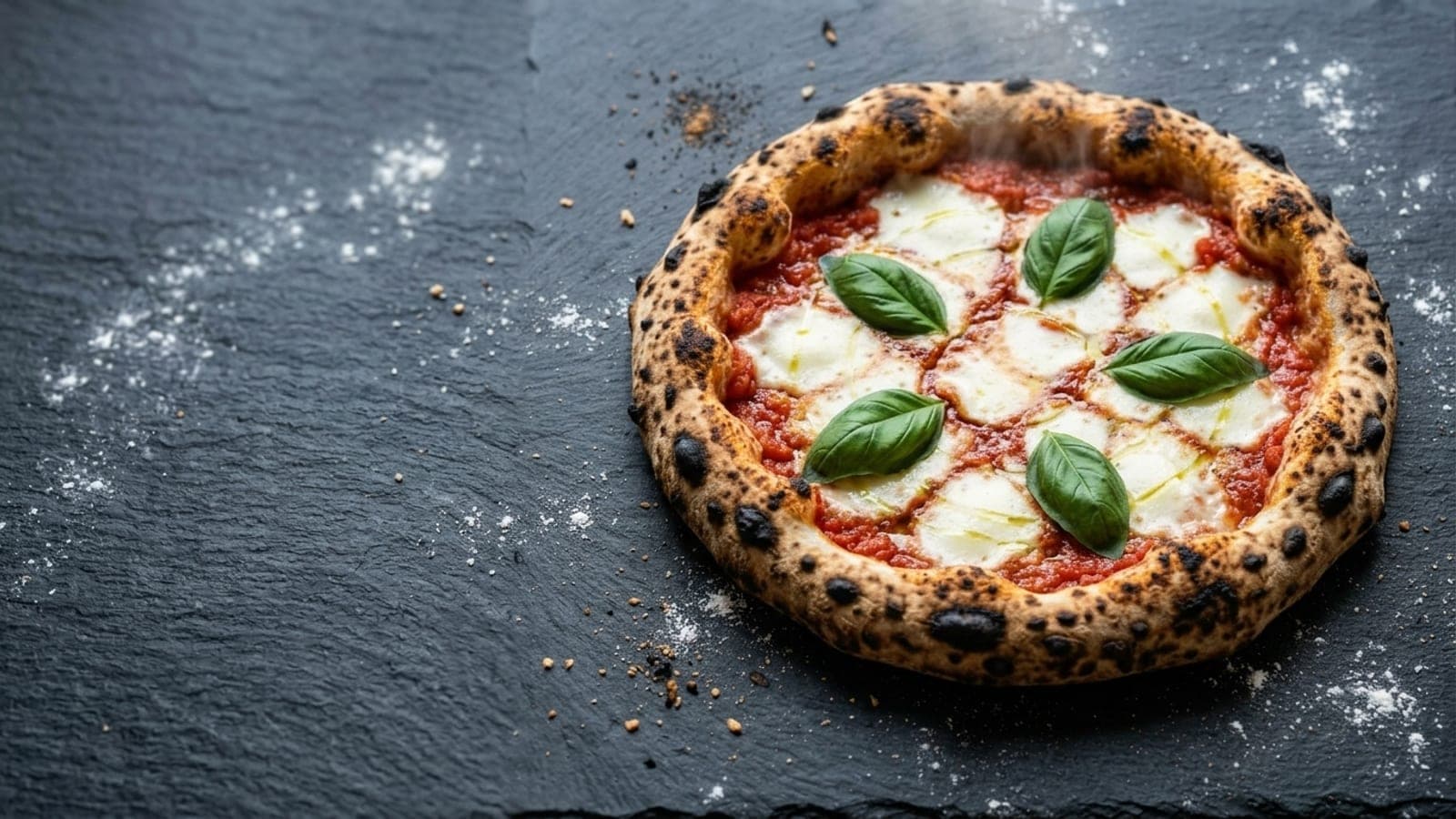 A freshly-baked pizza with a blistered, charred crust, hot from the oven, on a dark slate counter.